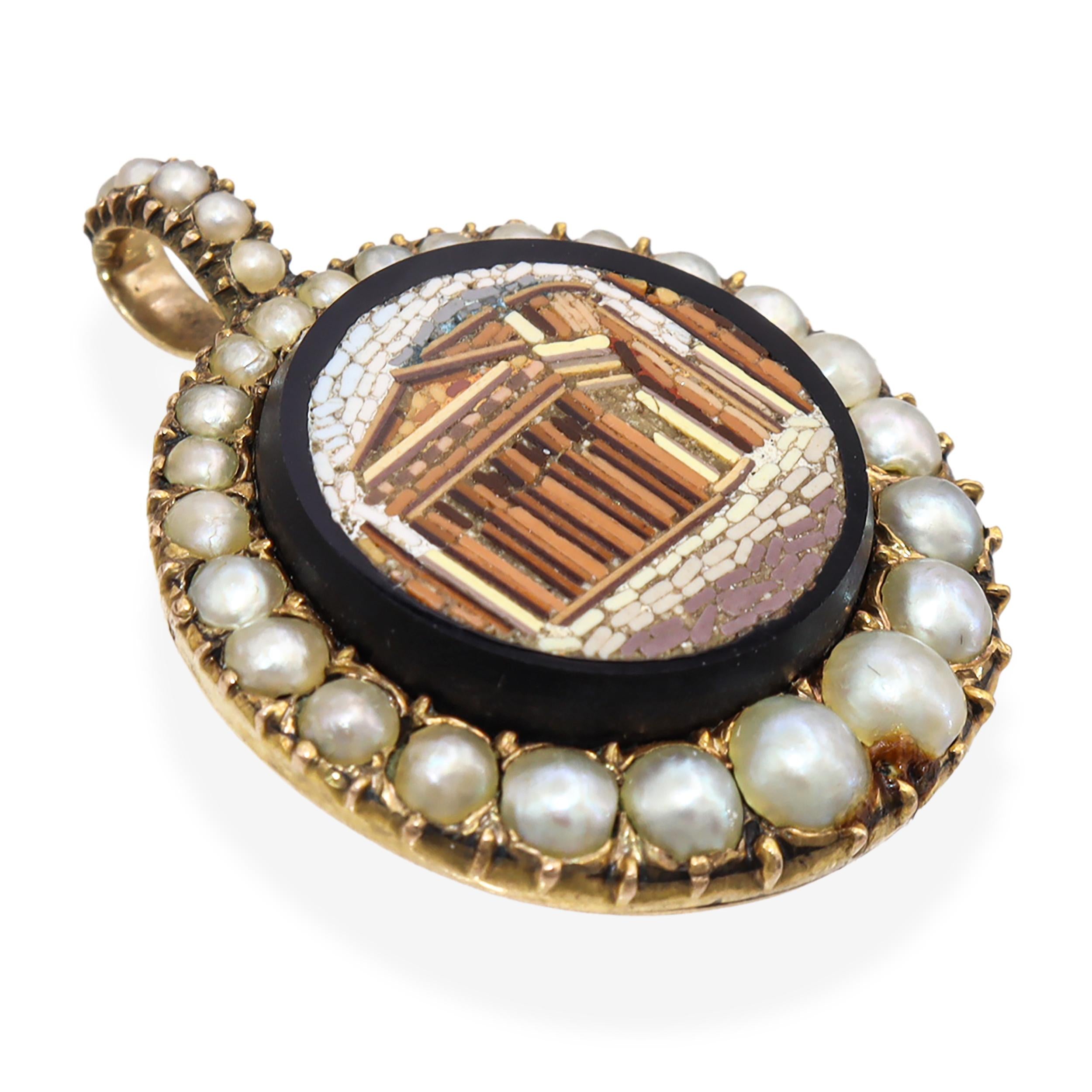 Antique 1870s 10k Yellow Gold Micro Mosiac Pearl Mourning Pendant
