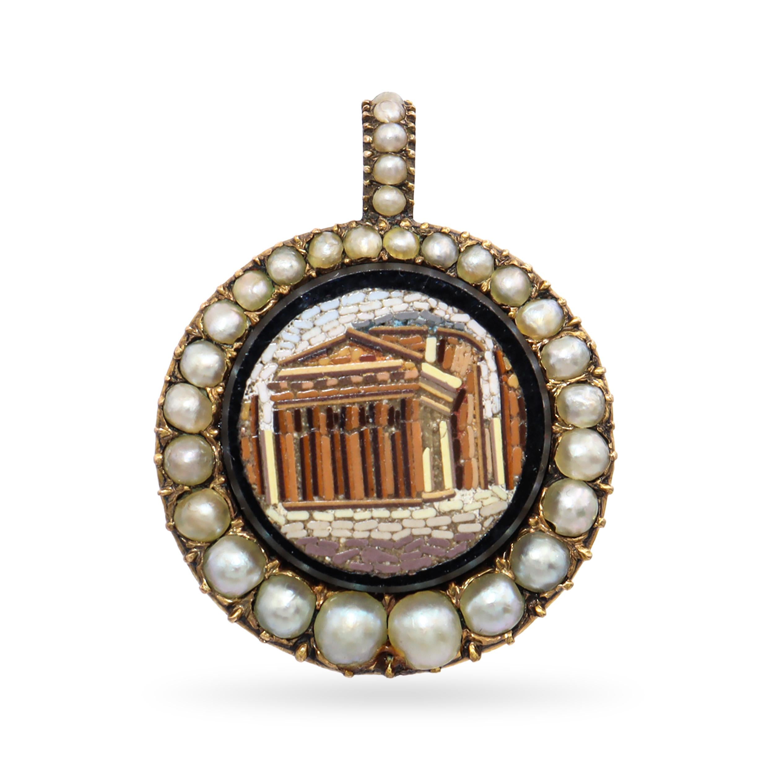 Antique 1870s 10k Yellow Gold Micro Mosiac Pearl Mourning Pendant