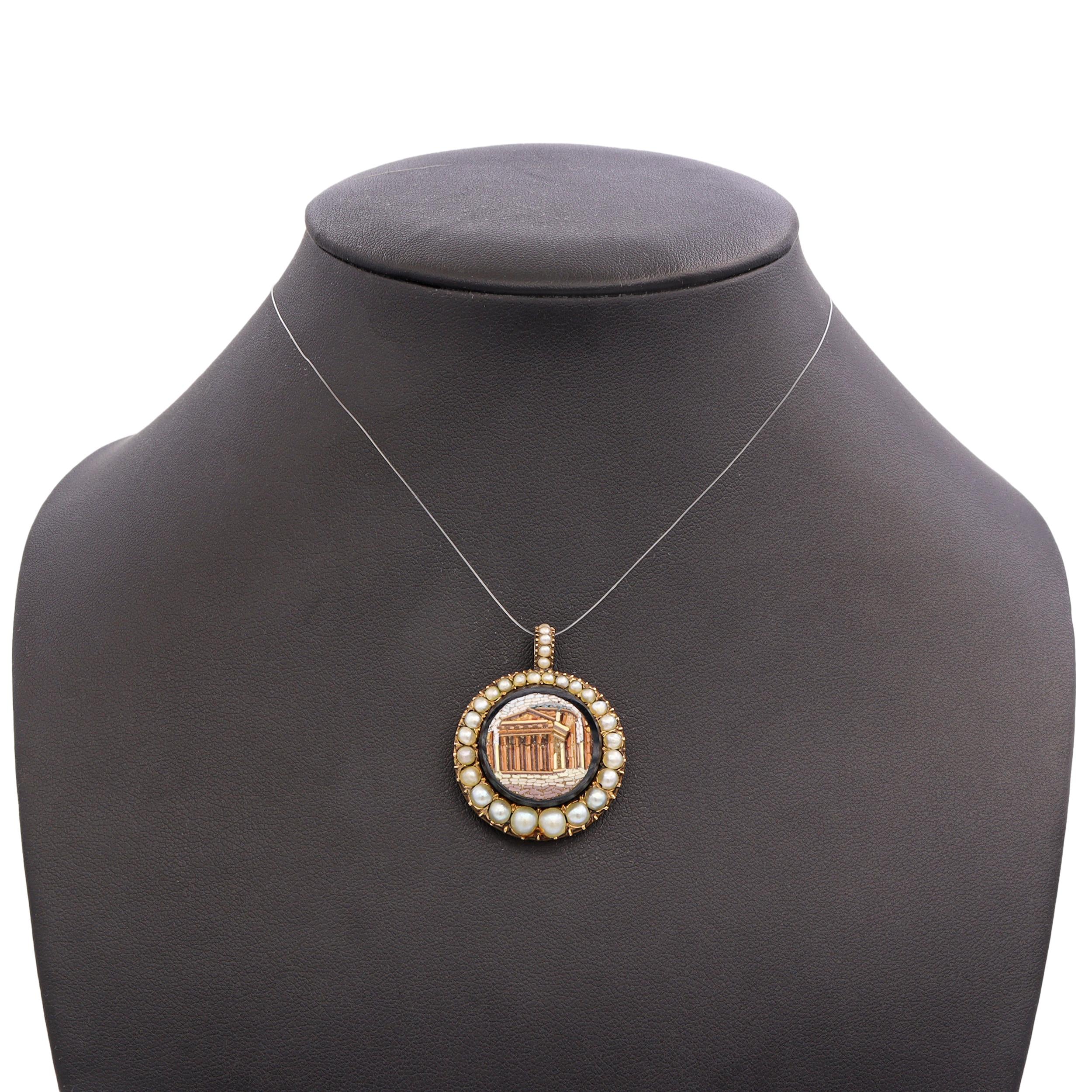 Antique 1870s 10k Yellow Gold Micro Mosiac Pearl Mourning Pendant