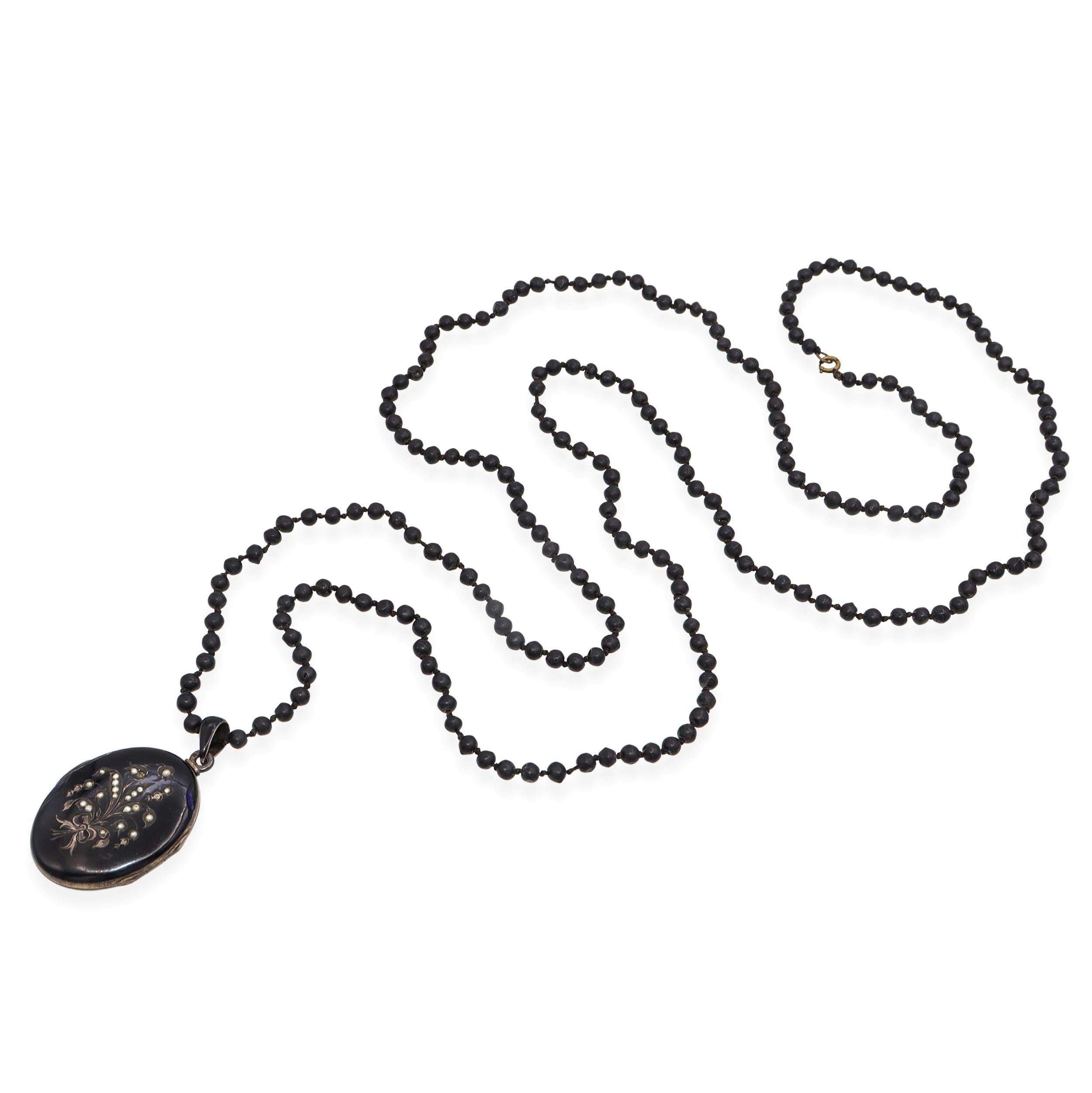 Antique Victorian Silver and Enamel Pearl Locket with Jet Bead Mourning Necklace