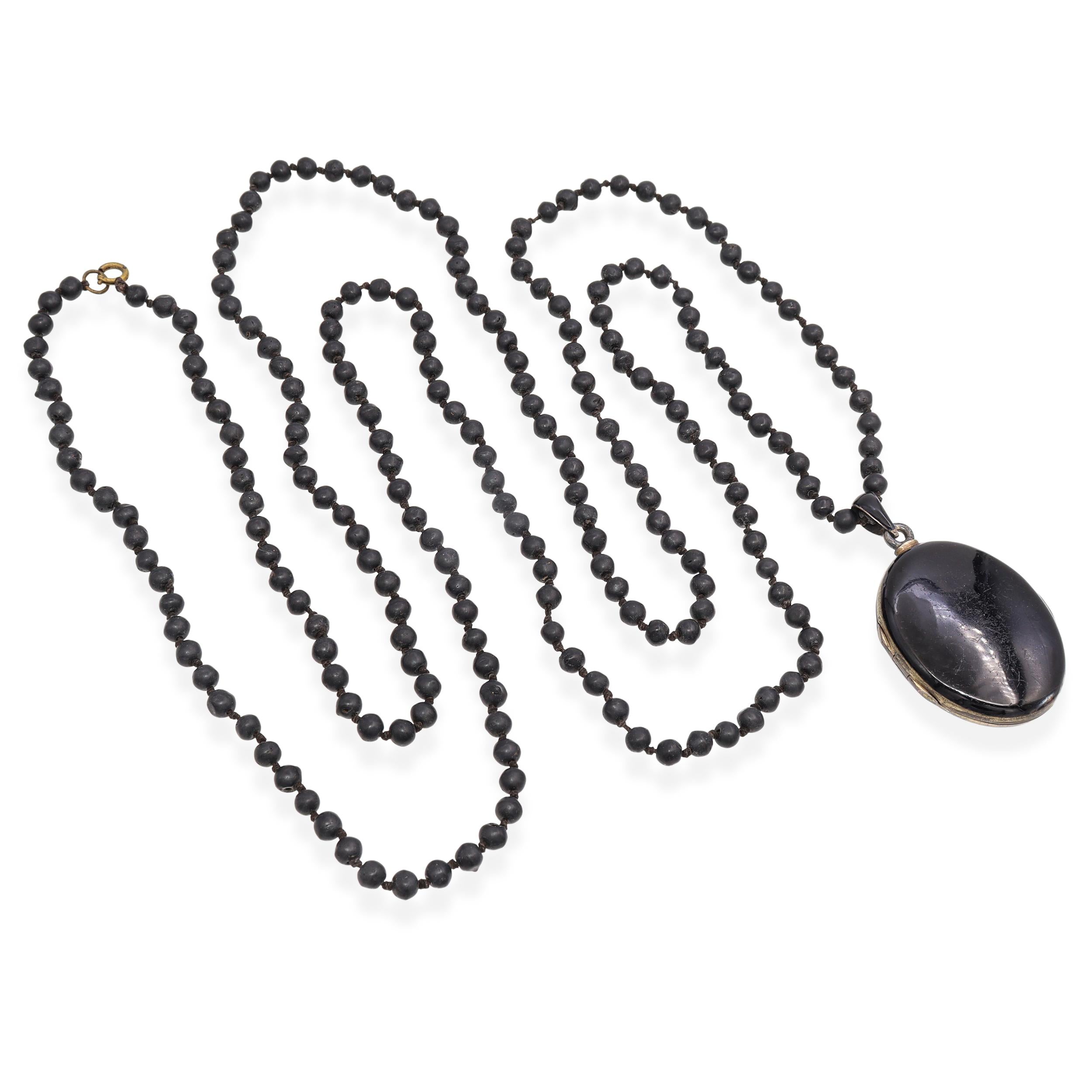 Antique Victorian Silver and Enamel Pearl Locket with Jet Bead Mourning Necklace