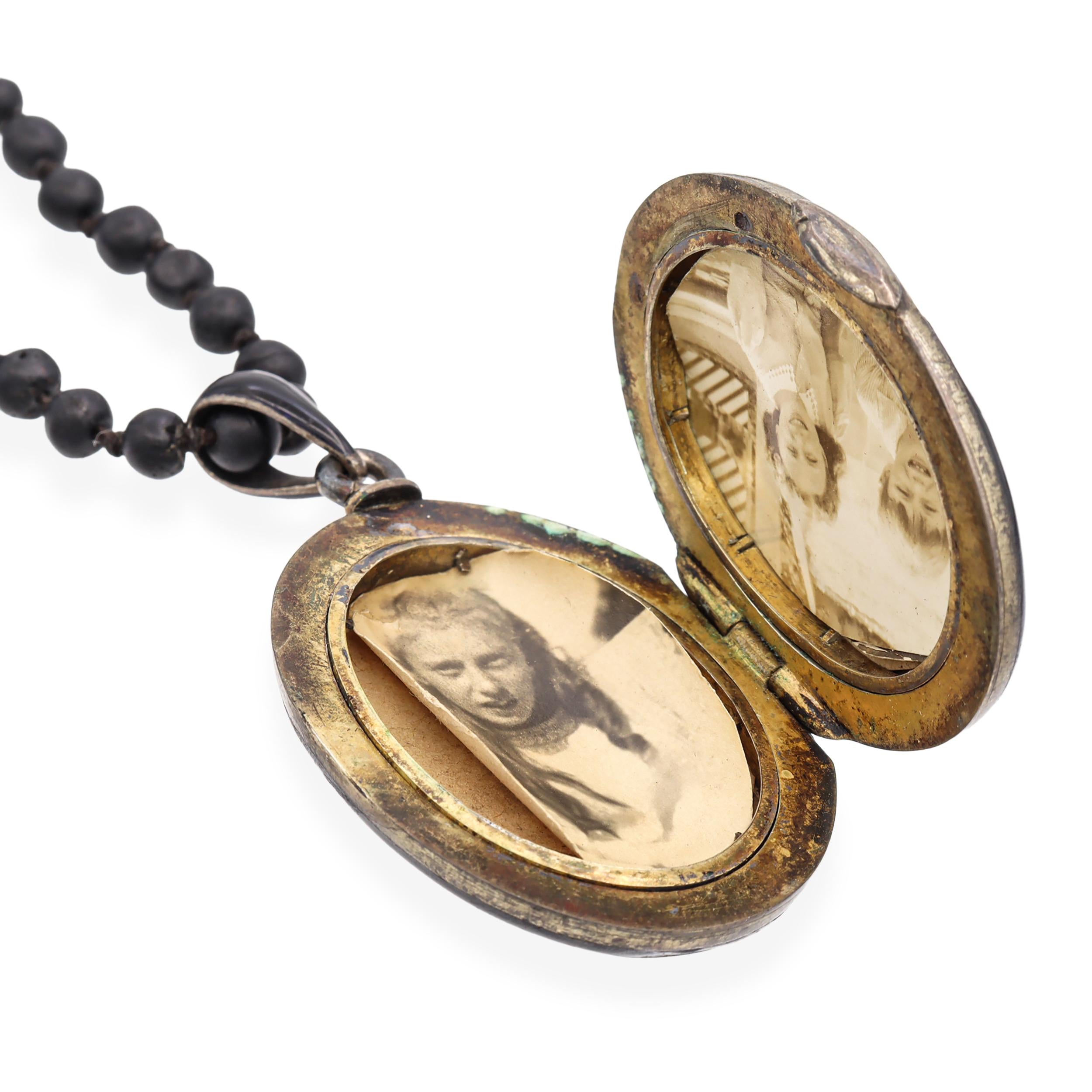 Antique Victorian Silver and Enamel Pearl Locket with Jet Bead Mourning Necklace