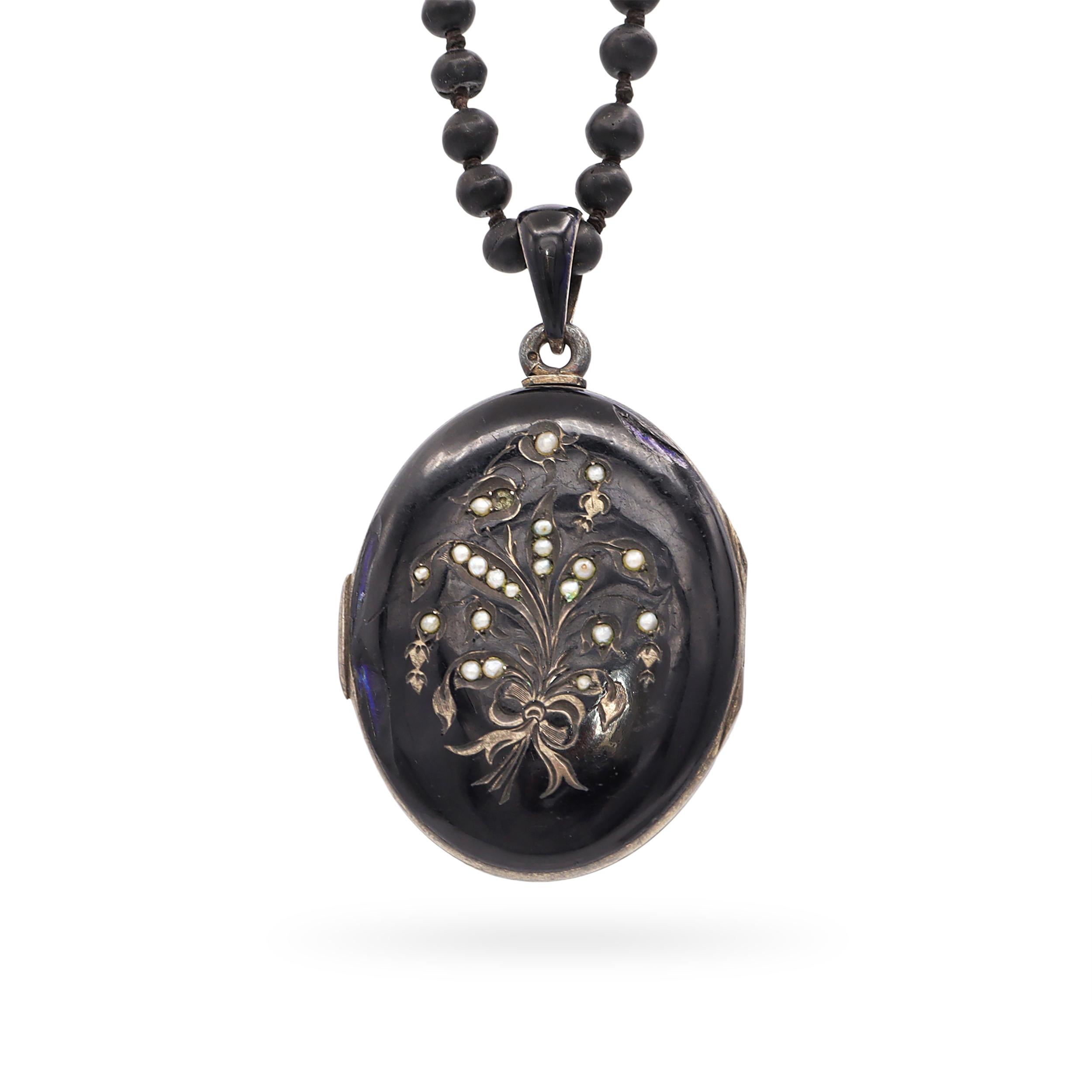 Antique Victorian Silver and Enamel Pearl Locket with Jet Bead Mourning Necklace