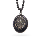 Antique Victorian Silver and Enamel Pearl Locket with Jet Bead Mourning Necklace