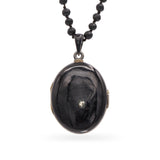 Antique Victorian Silver and Enamel Pearl Locket with Jet Bead Mourning Necklace