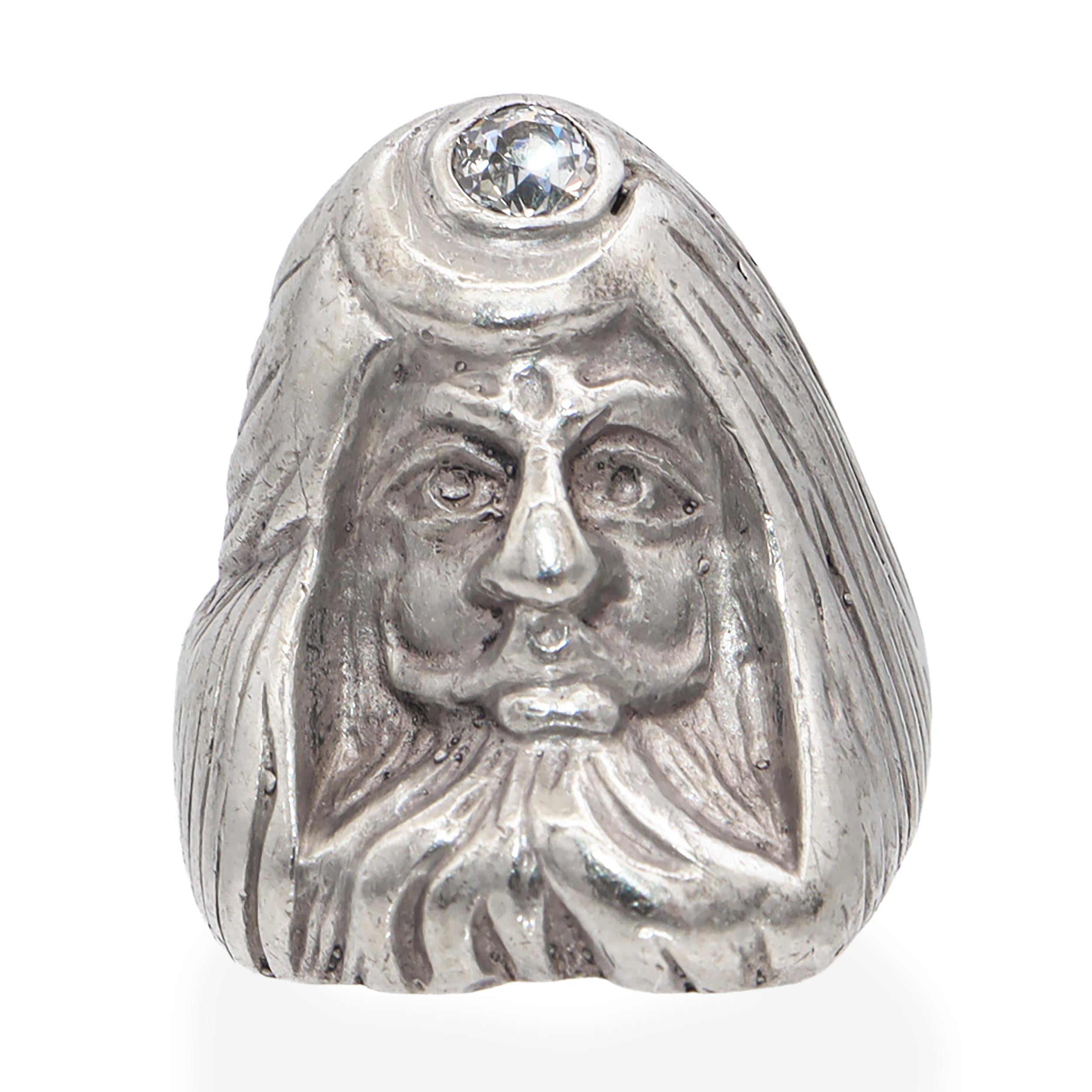 Antique Sterling Silver Man With Turban .29ct Old European Diamond Ring