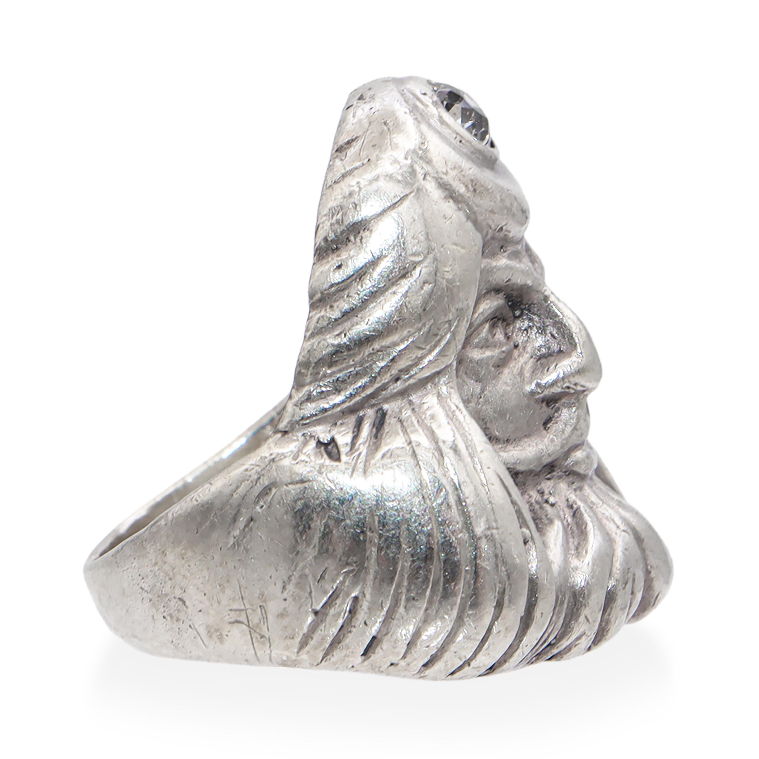 Antique Sterling Silver Man With Turban .29ct Old European Diamond Ring