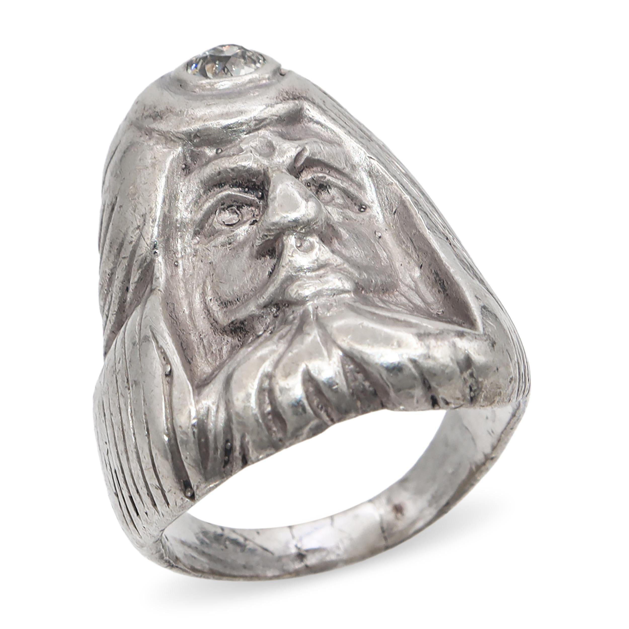 Antique Sterling Silver Man With Turban .29ct Old European Diamond Ring