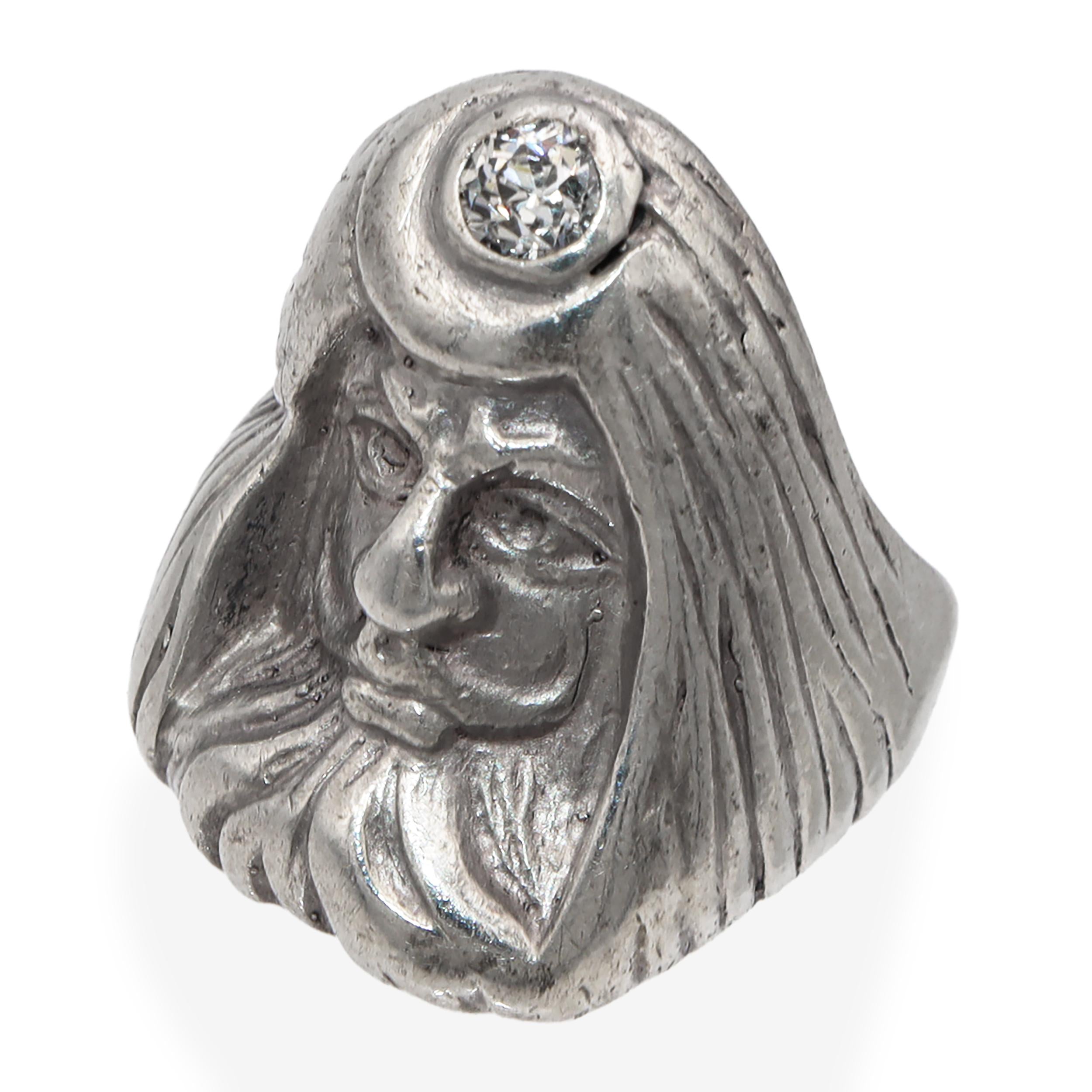 Antique Sterling Silver Man With Turban .29ct Old European Diamond Ring