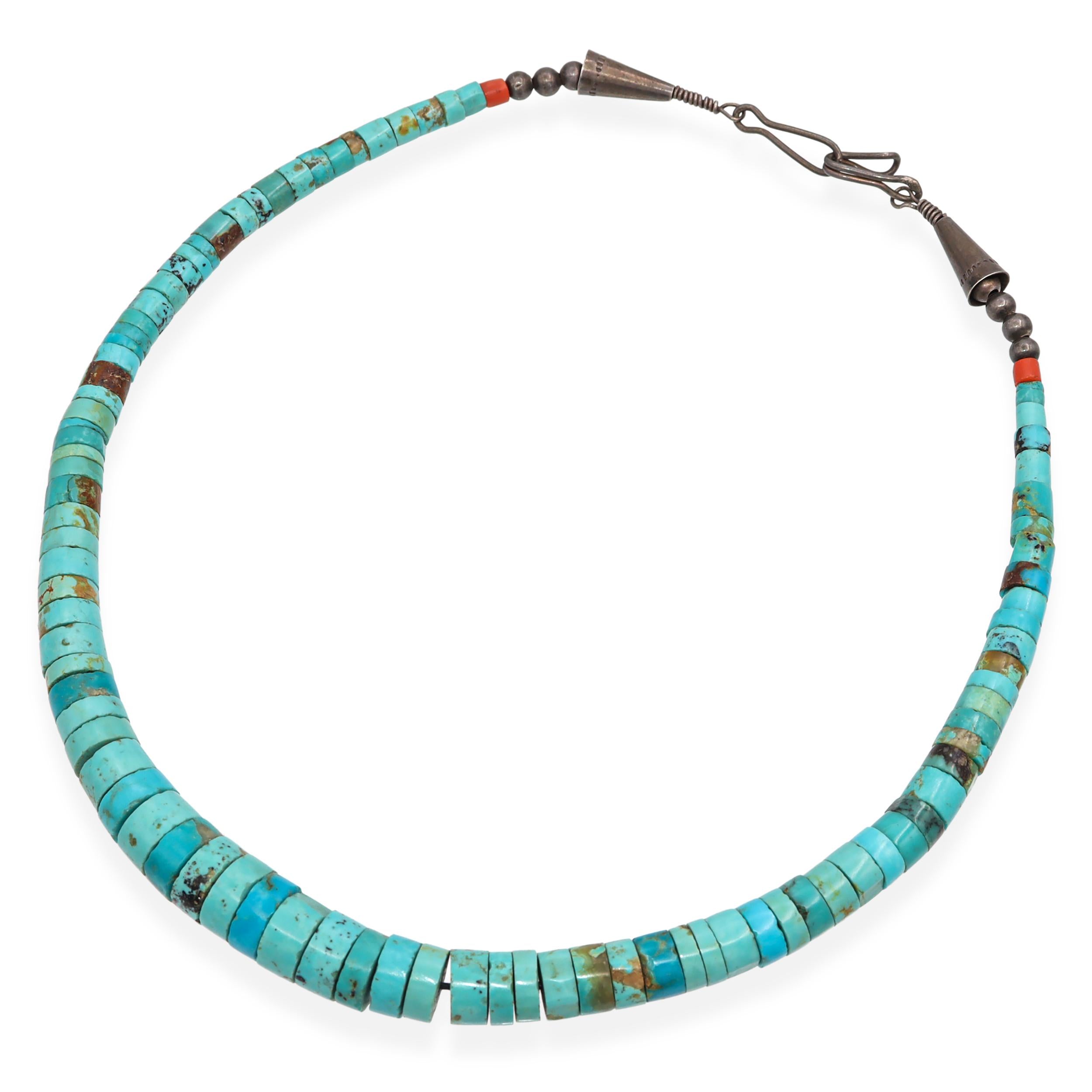 Vintage Sterling Silver Turquoise Heishi Bead Strand Necklace