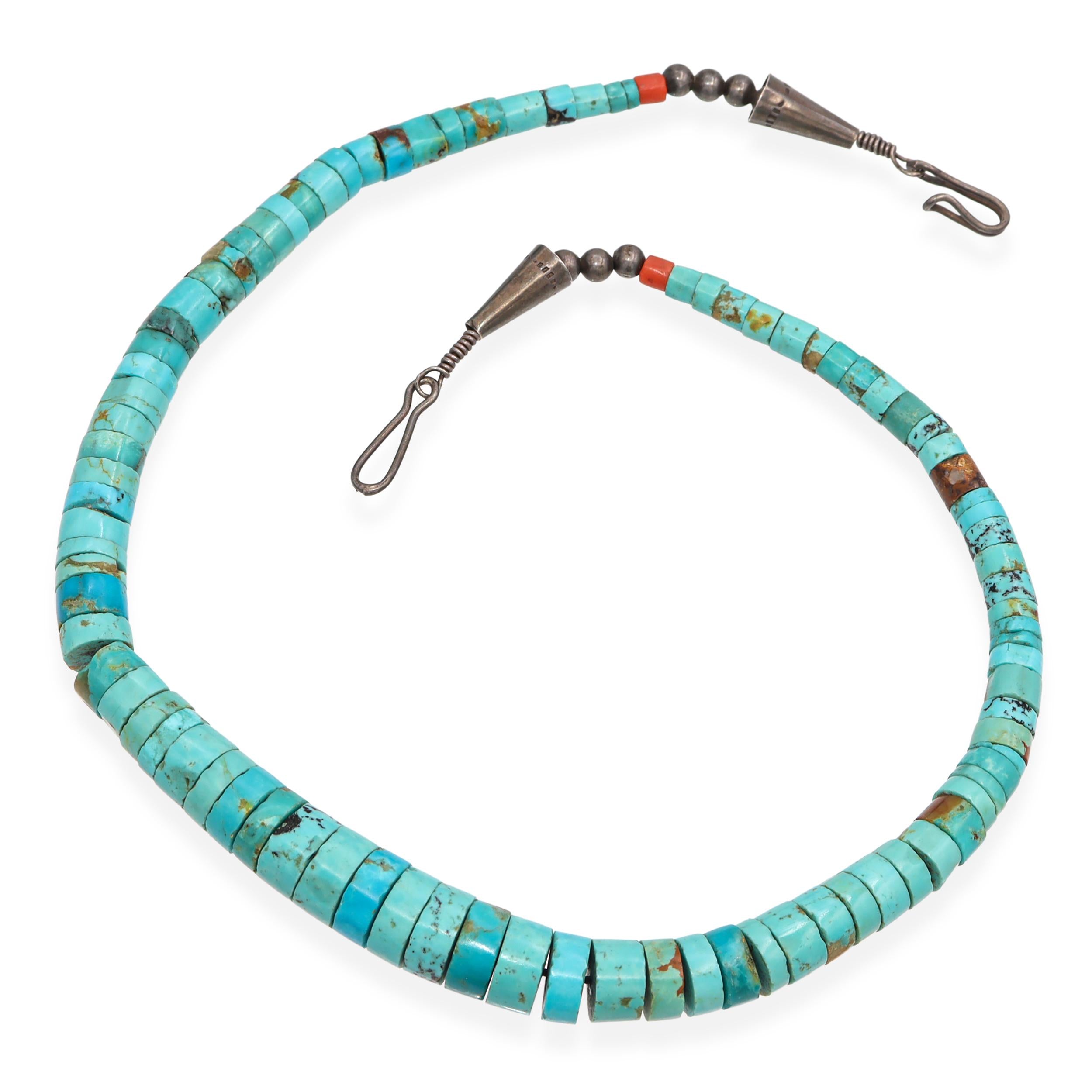 Vintage Sterling Silver Turquoise Heishi Bead Strand Necklace