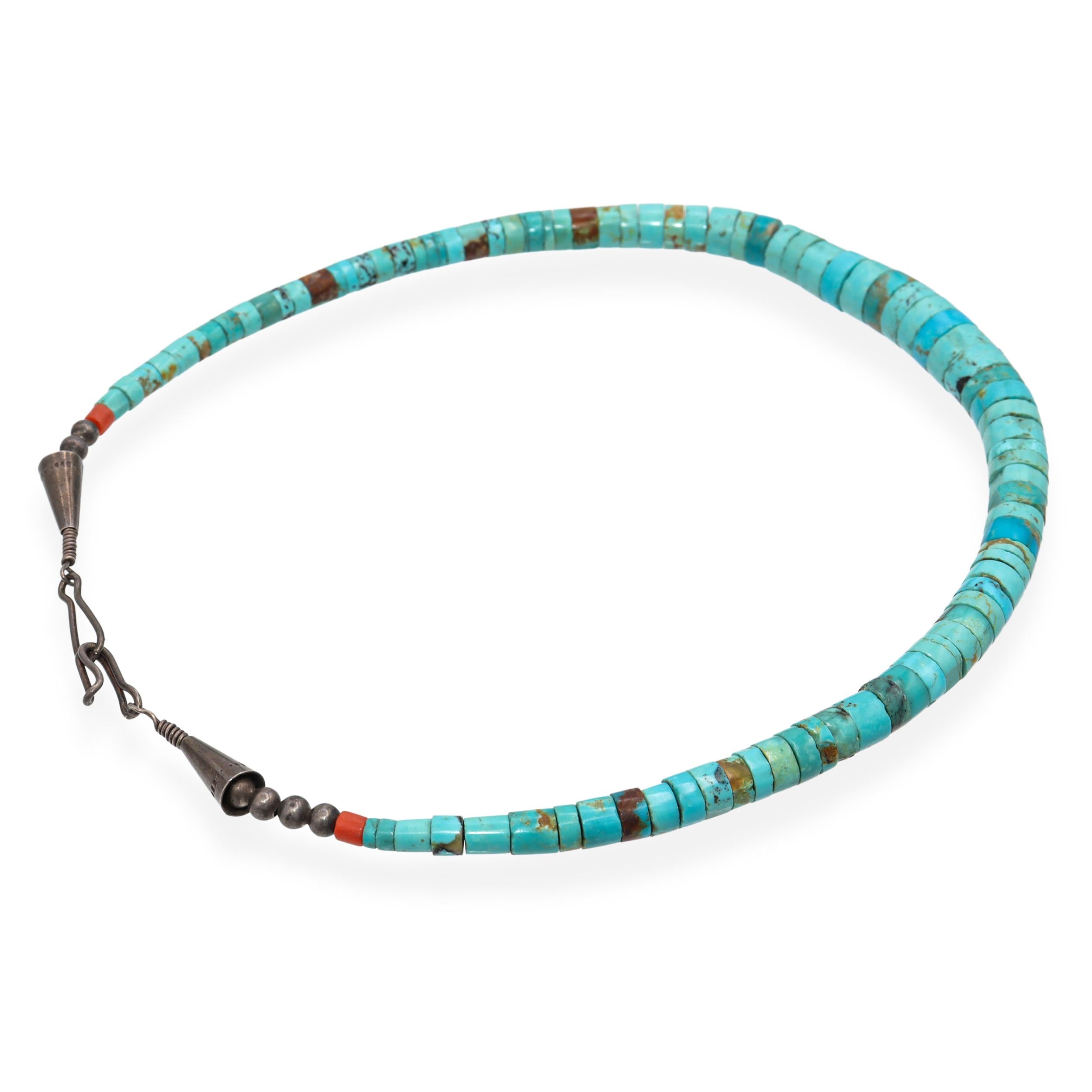 Vintage Sterling Silver Turquoise Heishi Bead Strand Necklace