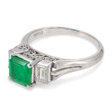 Vintage Platinum 0.90ct Emerald and Diamond Three Stone Ring