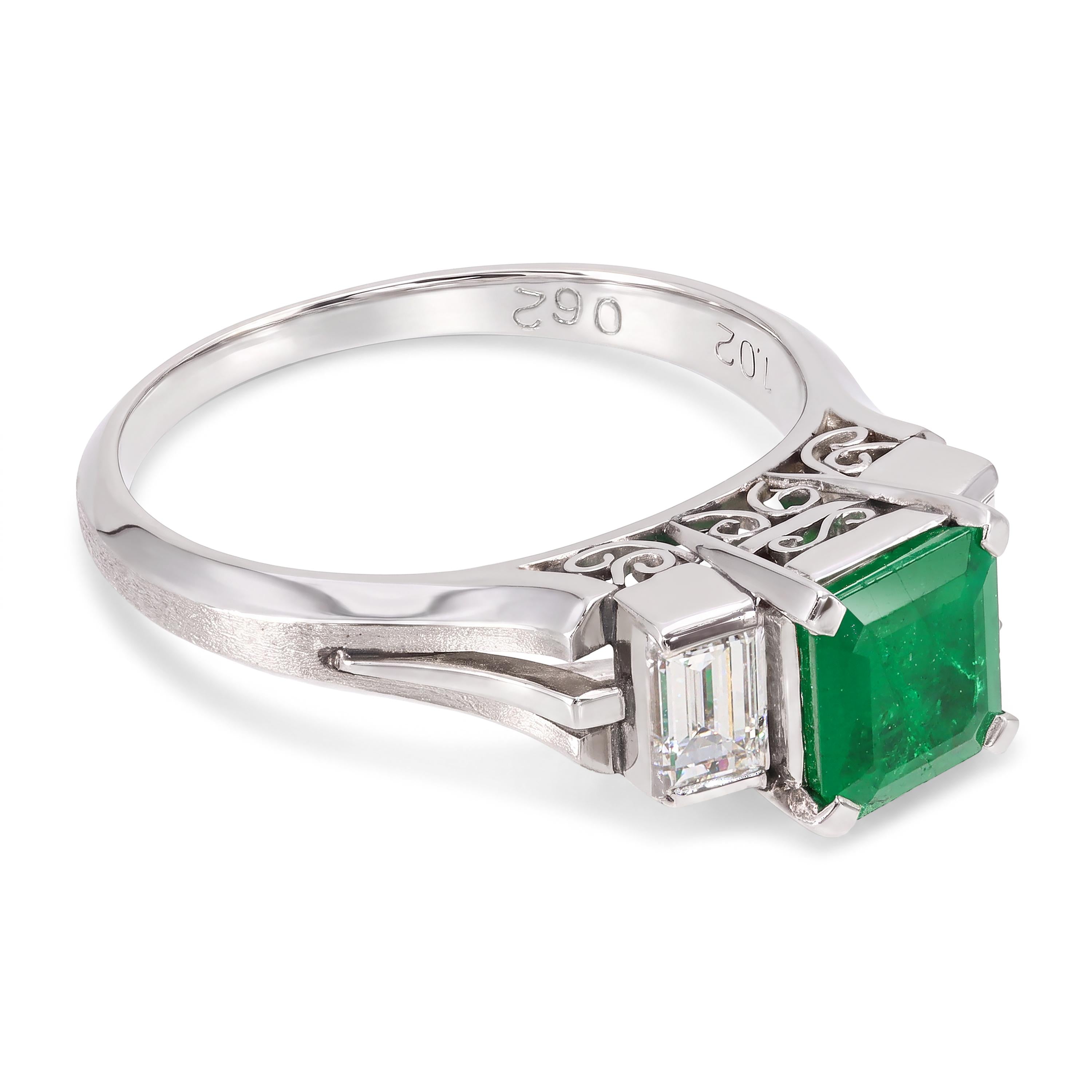 Vintage Platinum 0.90ct Emerald and Diamond Three Stone Ring