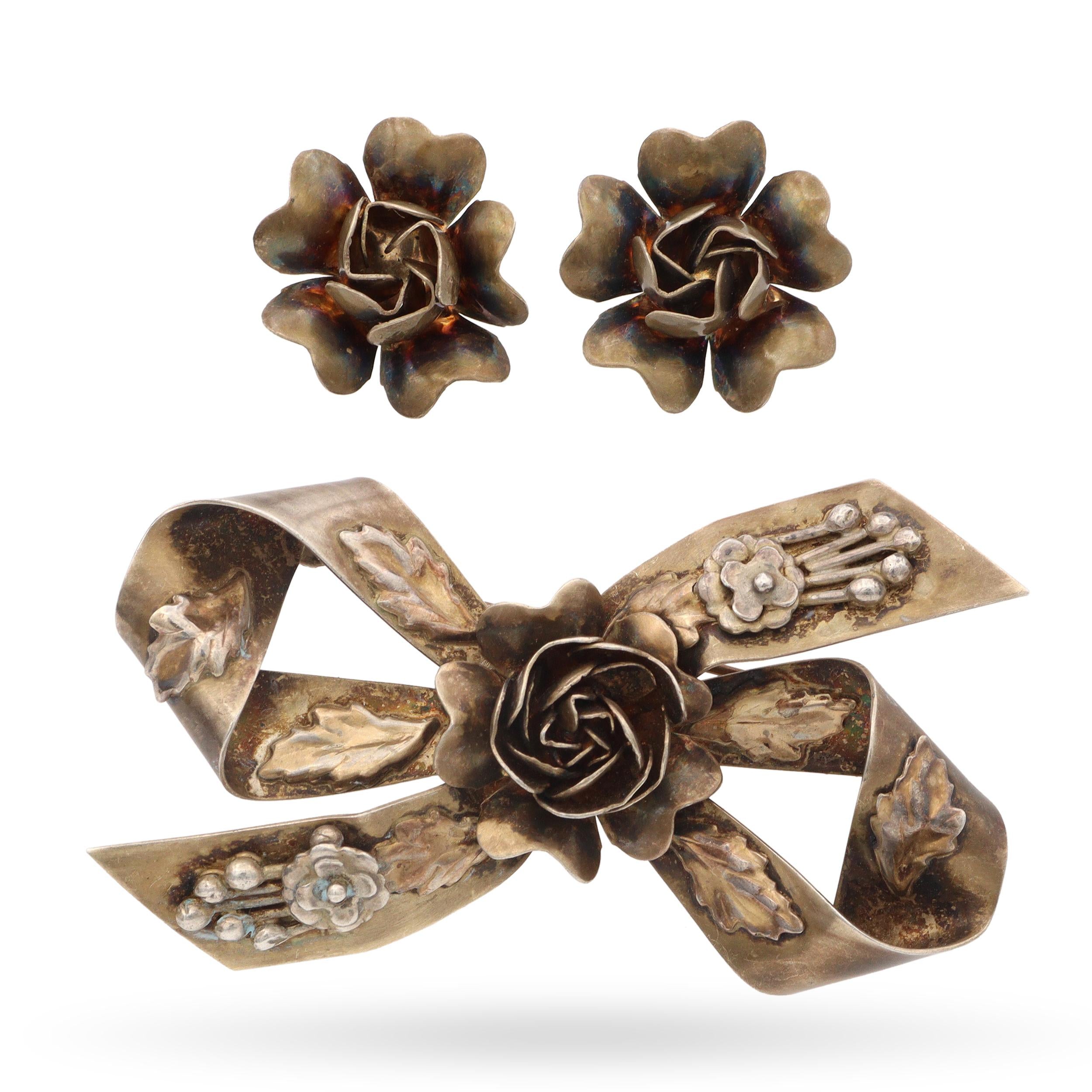 Vintage Hobe Gold Plated Sterling Silver Rose Ribbon Brooch Pin & Earrings Set