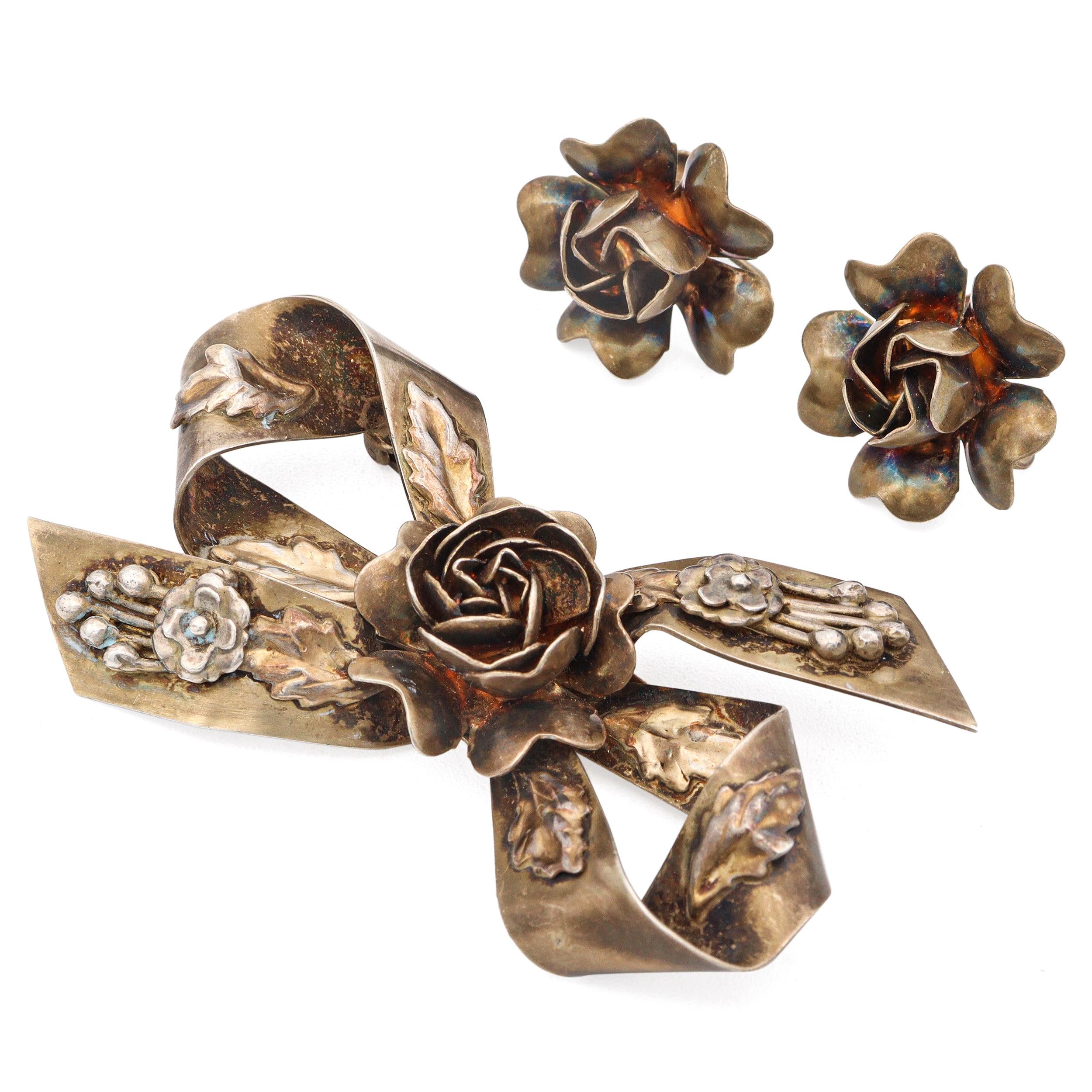 Vintage Hobe Gold Plated Sterling Silver Rose Ribbon Brooch Pin & Earrings Set