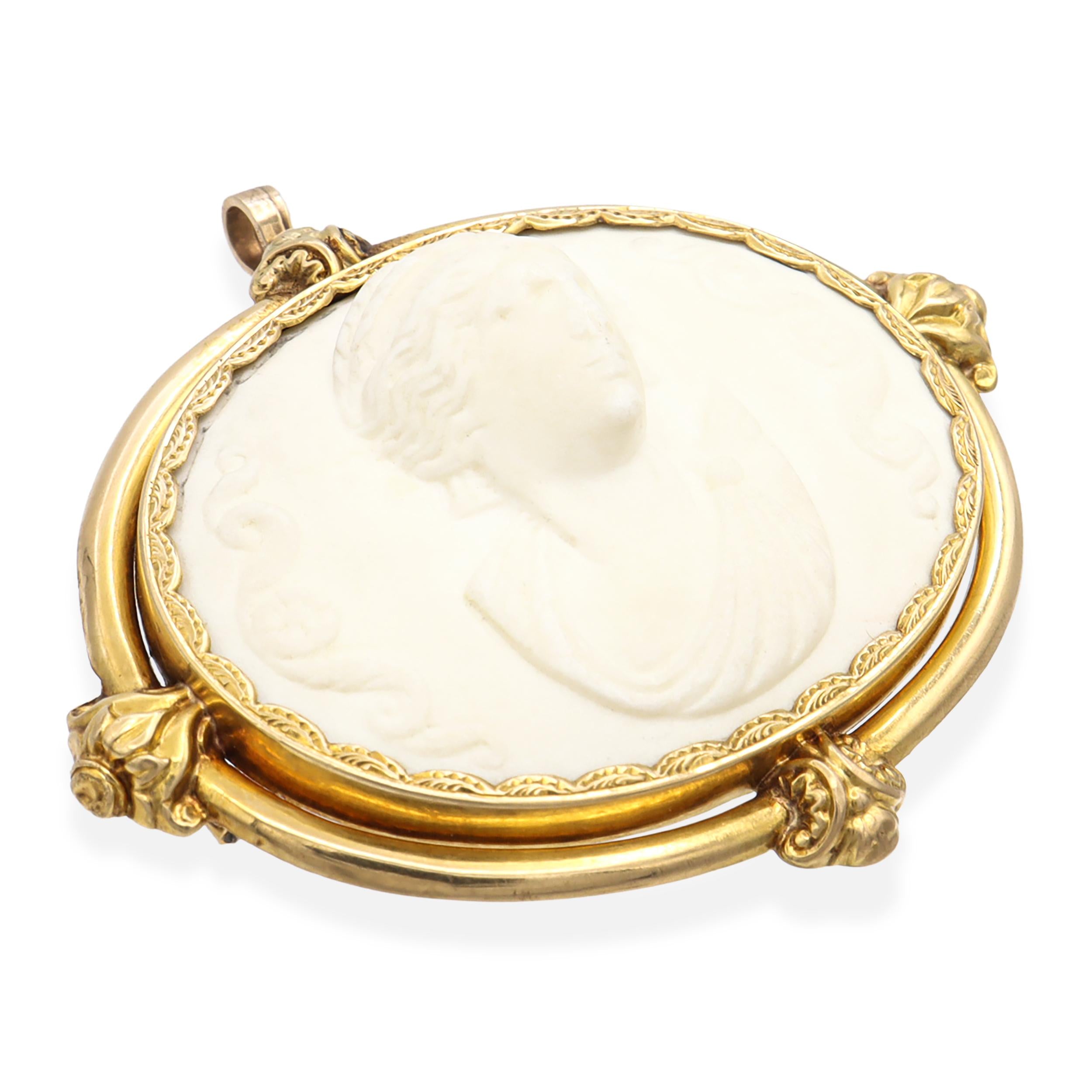 Antique Yellow Gold Frame Ceramic Cameo Brooch Pendant