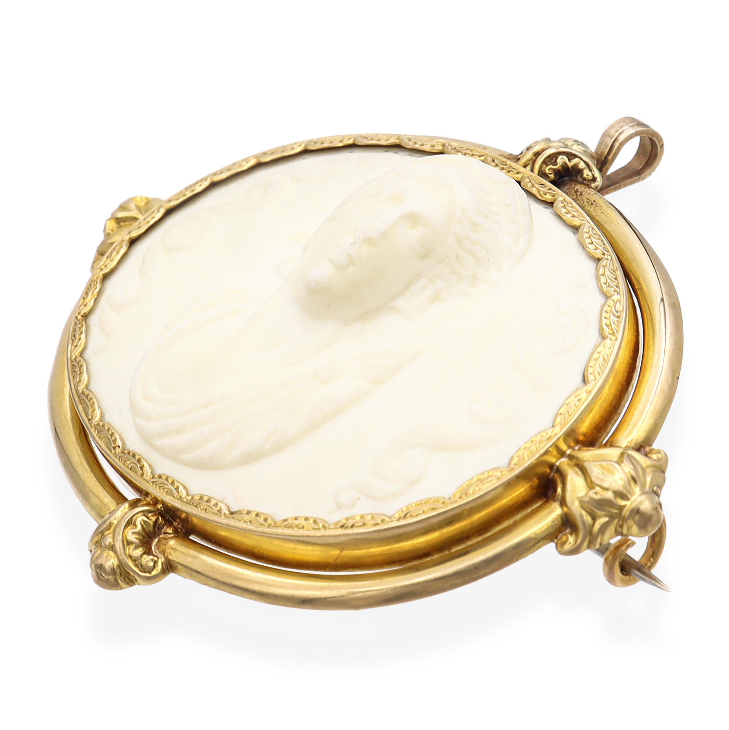 Antique Yellow Gold Frame Ceramic Cameo Brooch Pendant