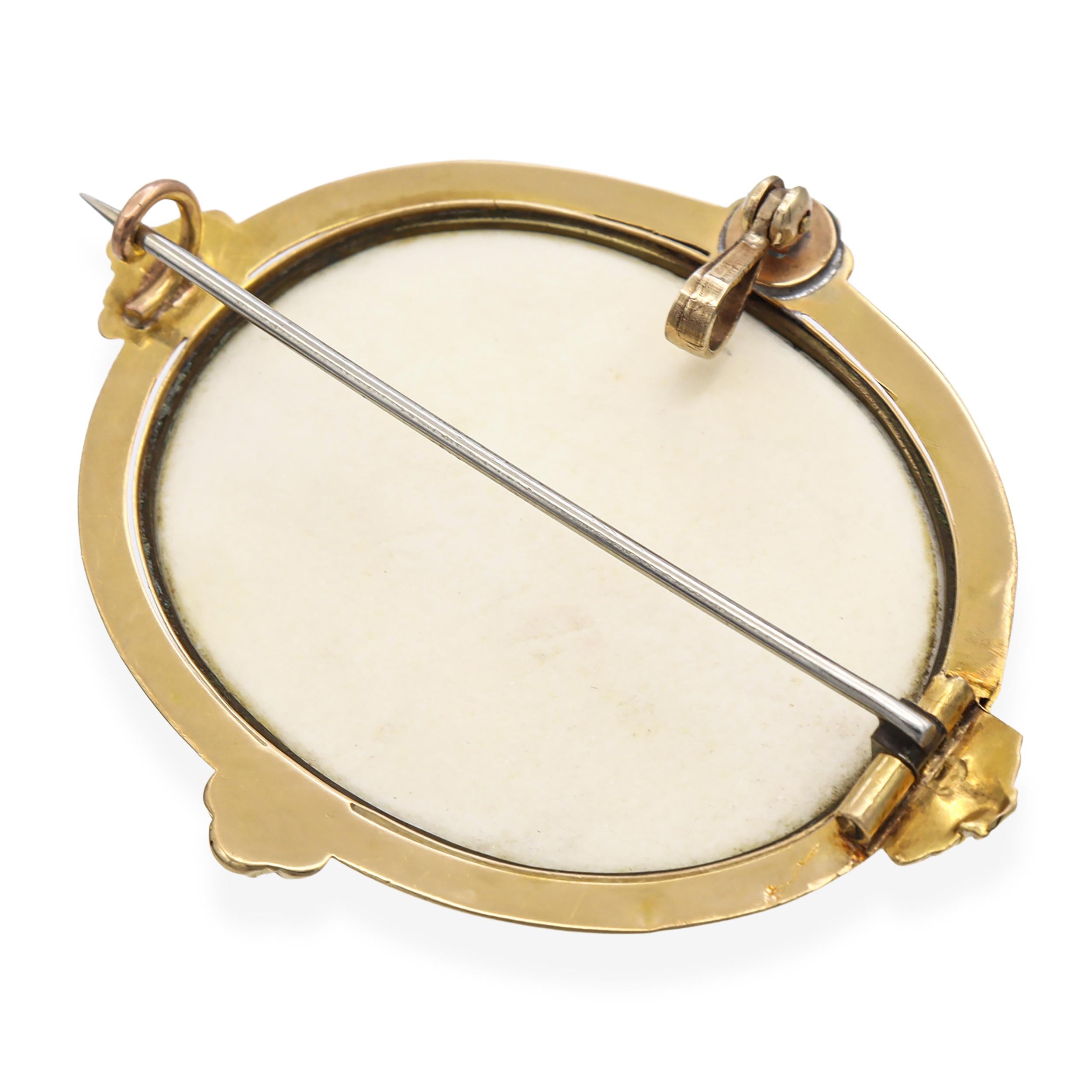 Antique Yellow Gold Frame Ceramic Cameo Brooch Pendant