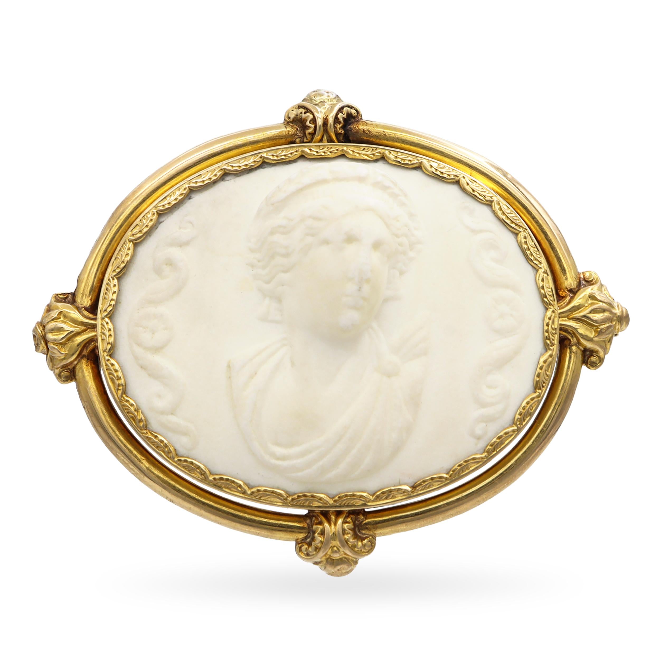 Antique Yellow Gold Frame Ceramic Cameo Brooch Pendant
