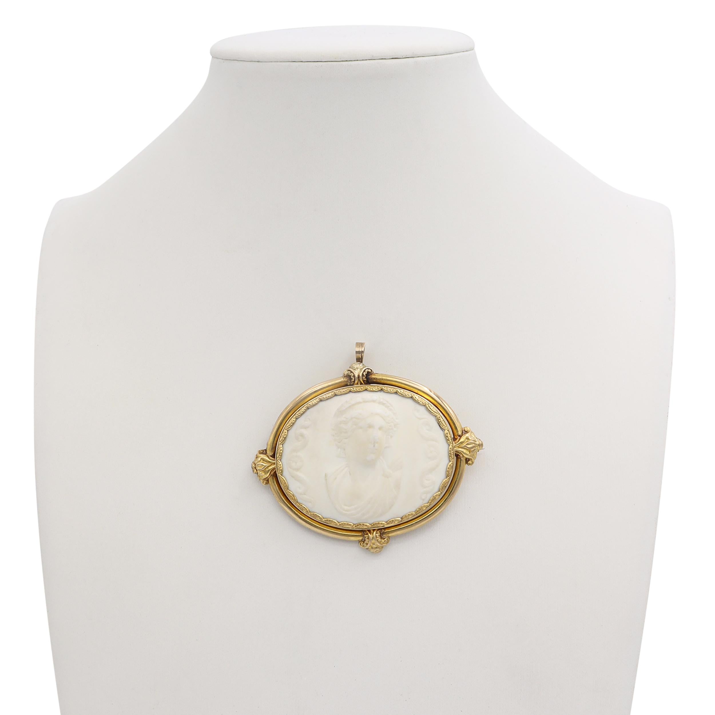 Antique Yellow Gold Frame Ceramic Cameo Brooch Pendant
