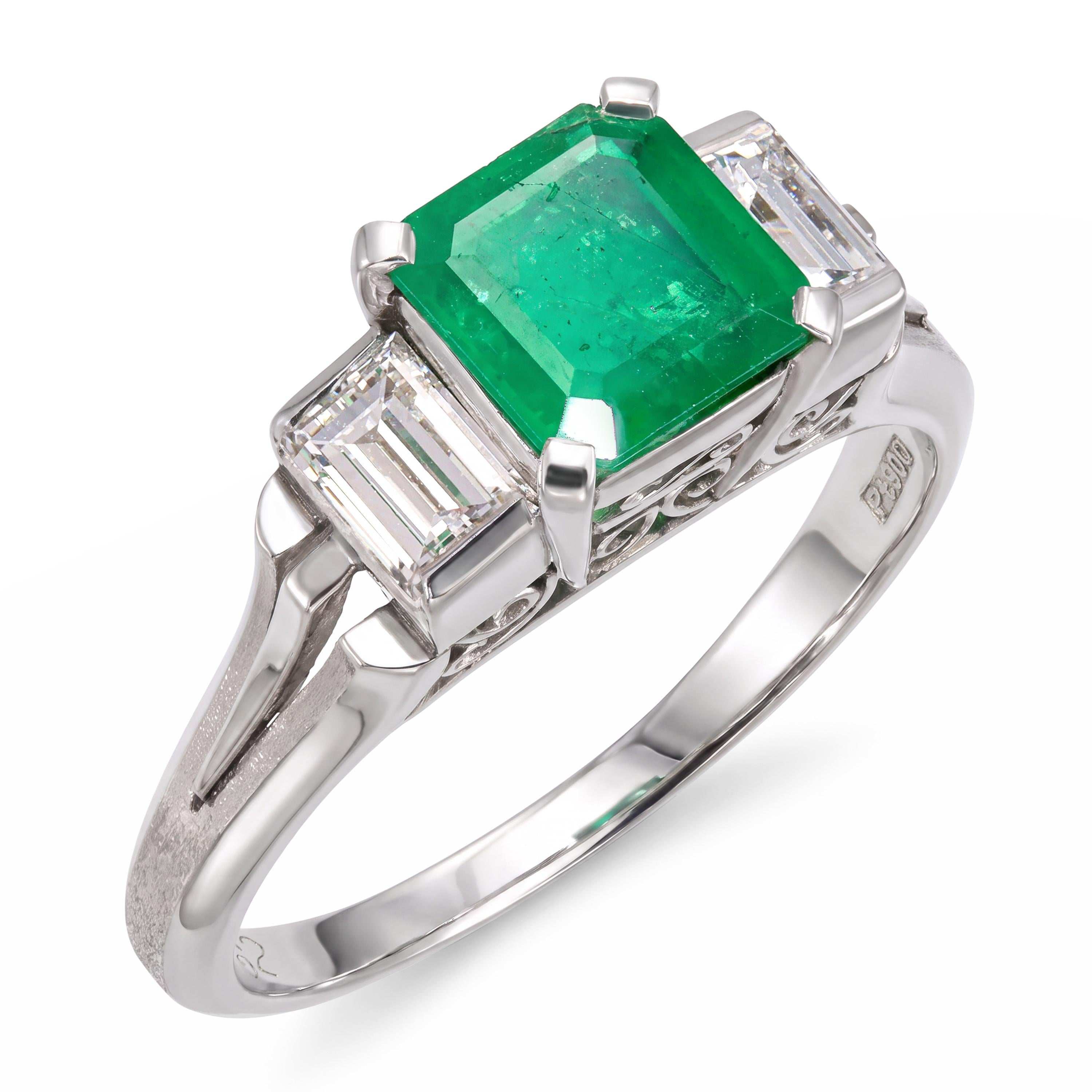 Vintage Platinum 0.90ct Emerald and Diamond Three Stone Ring