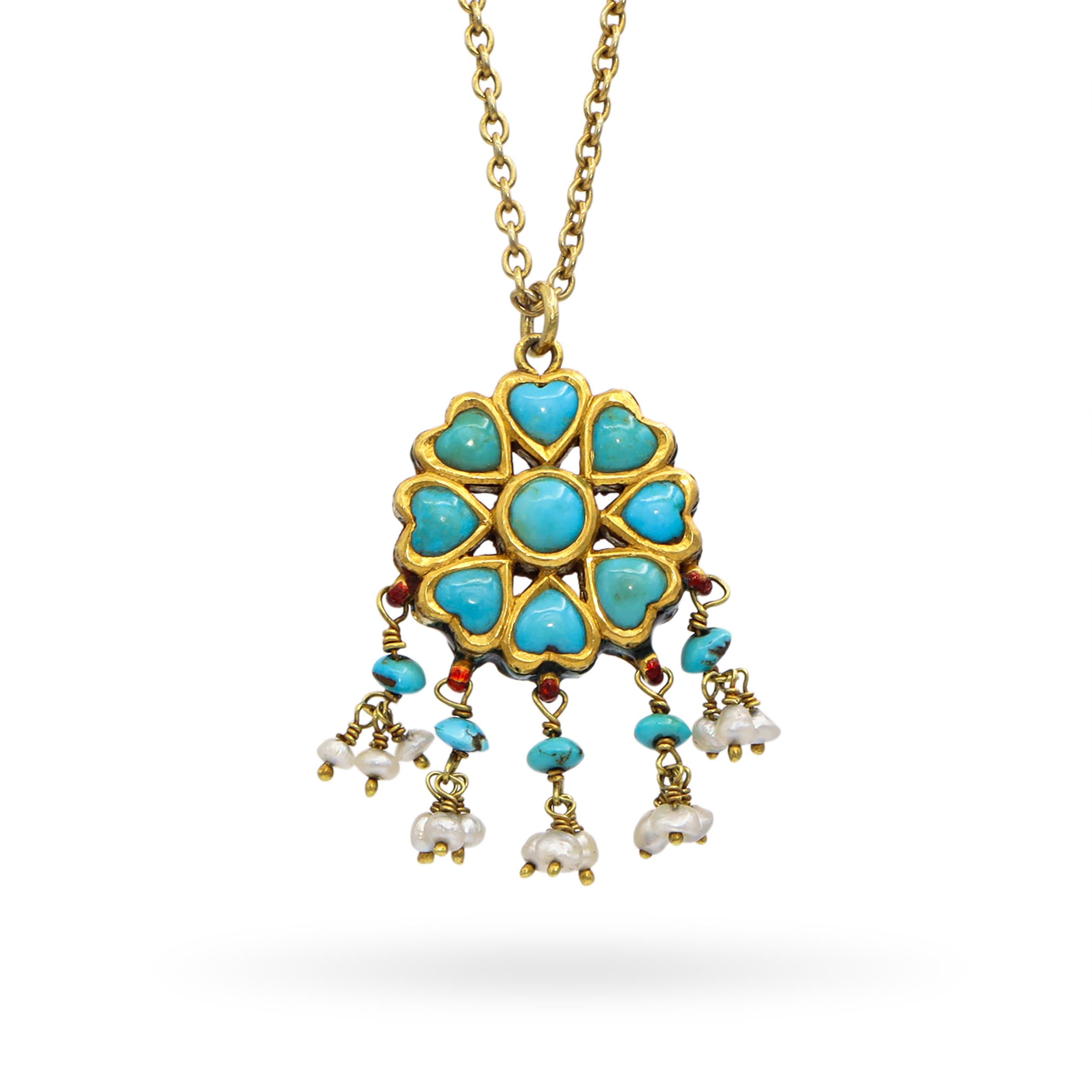 Antique Victorian Yellow Gold Enamel, Turquoise, and Pearl Necklace