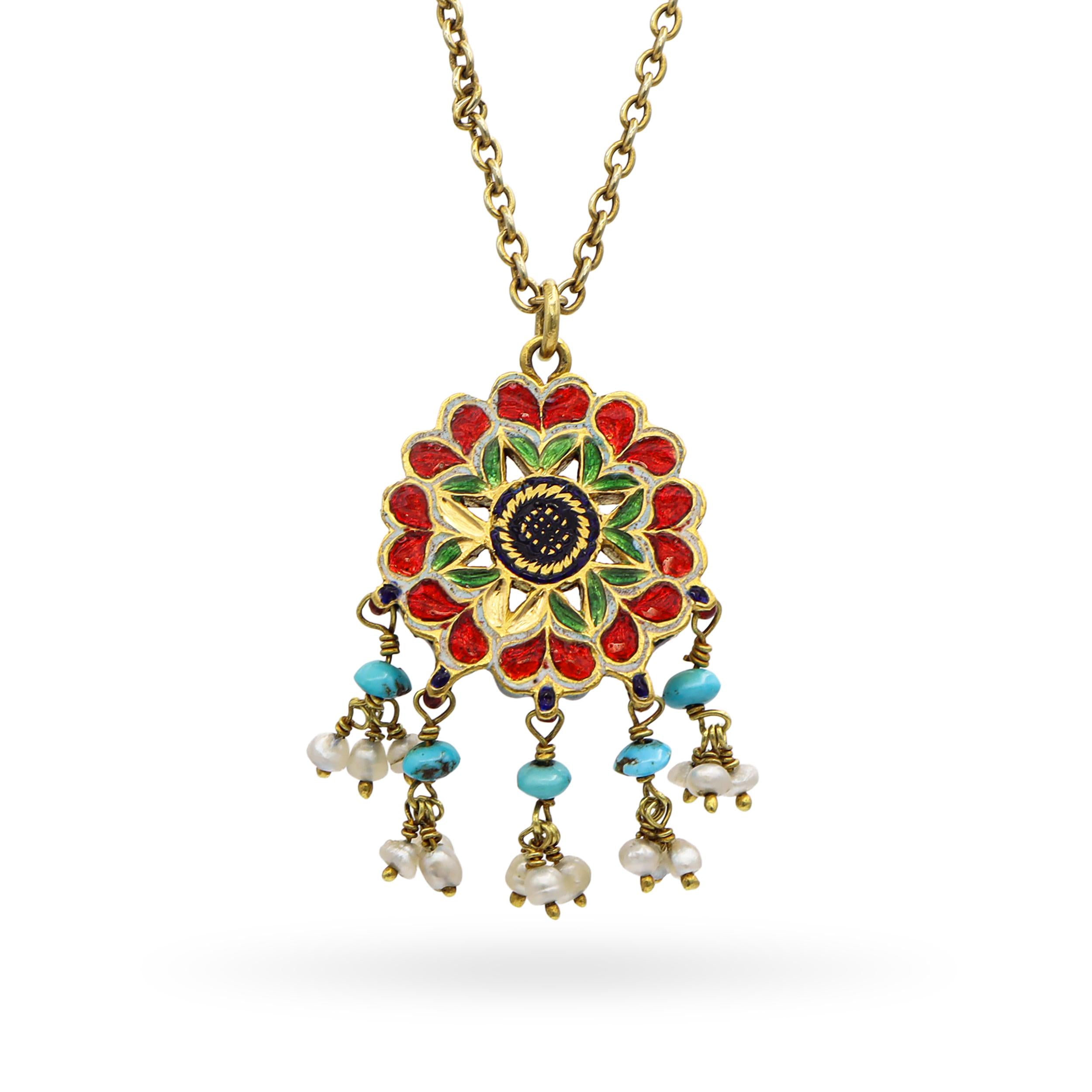 Antique Victorian Yellow Gold Enamel, Turquoise, and Pearl Necklace