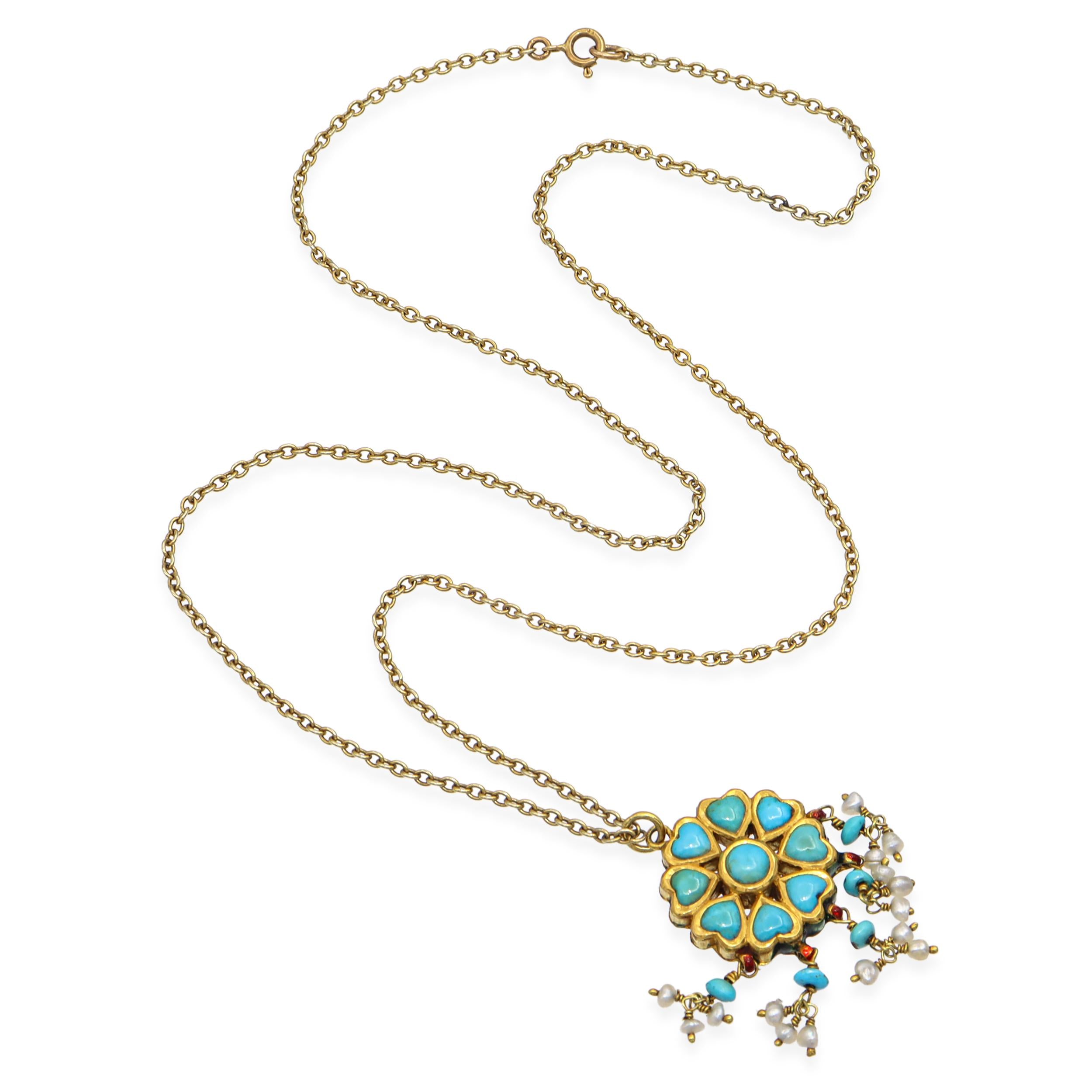 Antique Victorian Yellow Gold Enamel, Turquoise, and Pearl Necklace
