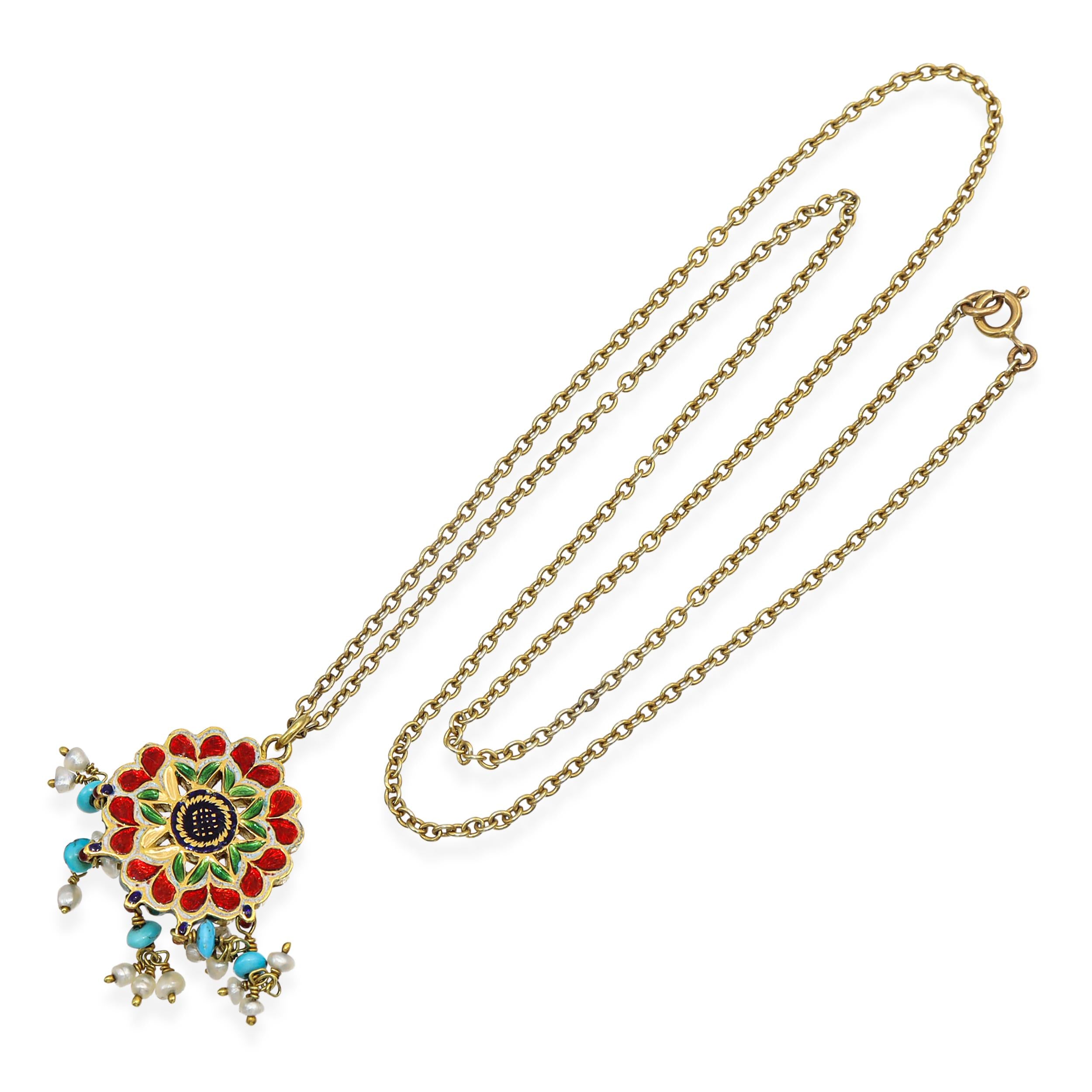 Antique Victorian Yellow Gold Enamel, Turquoise, and Pearl Necklace
