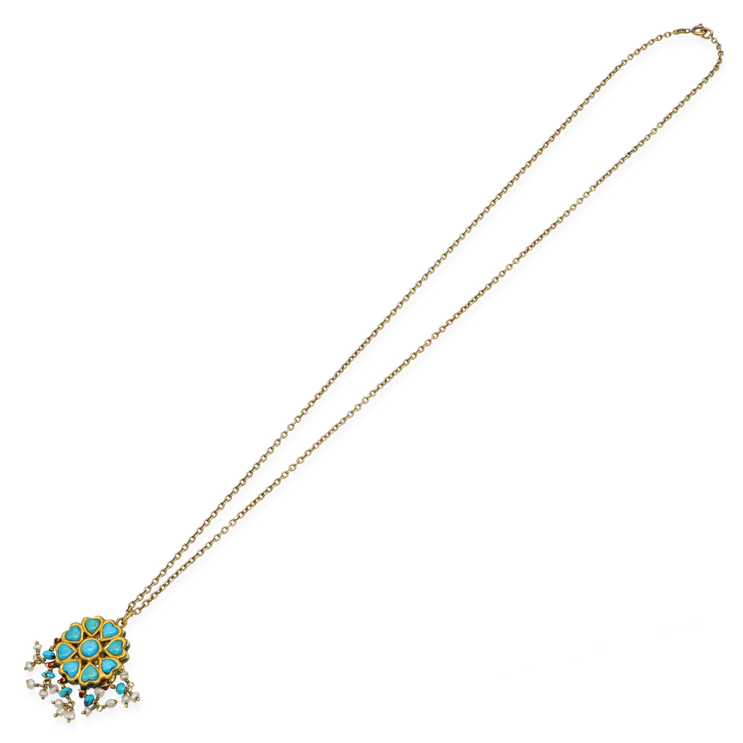 Antique Victorian Yellow Gold Enamel, Turquoise, and Pearl Necklace