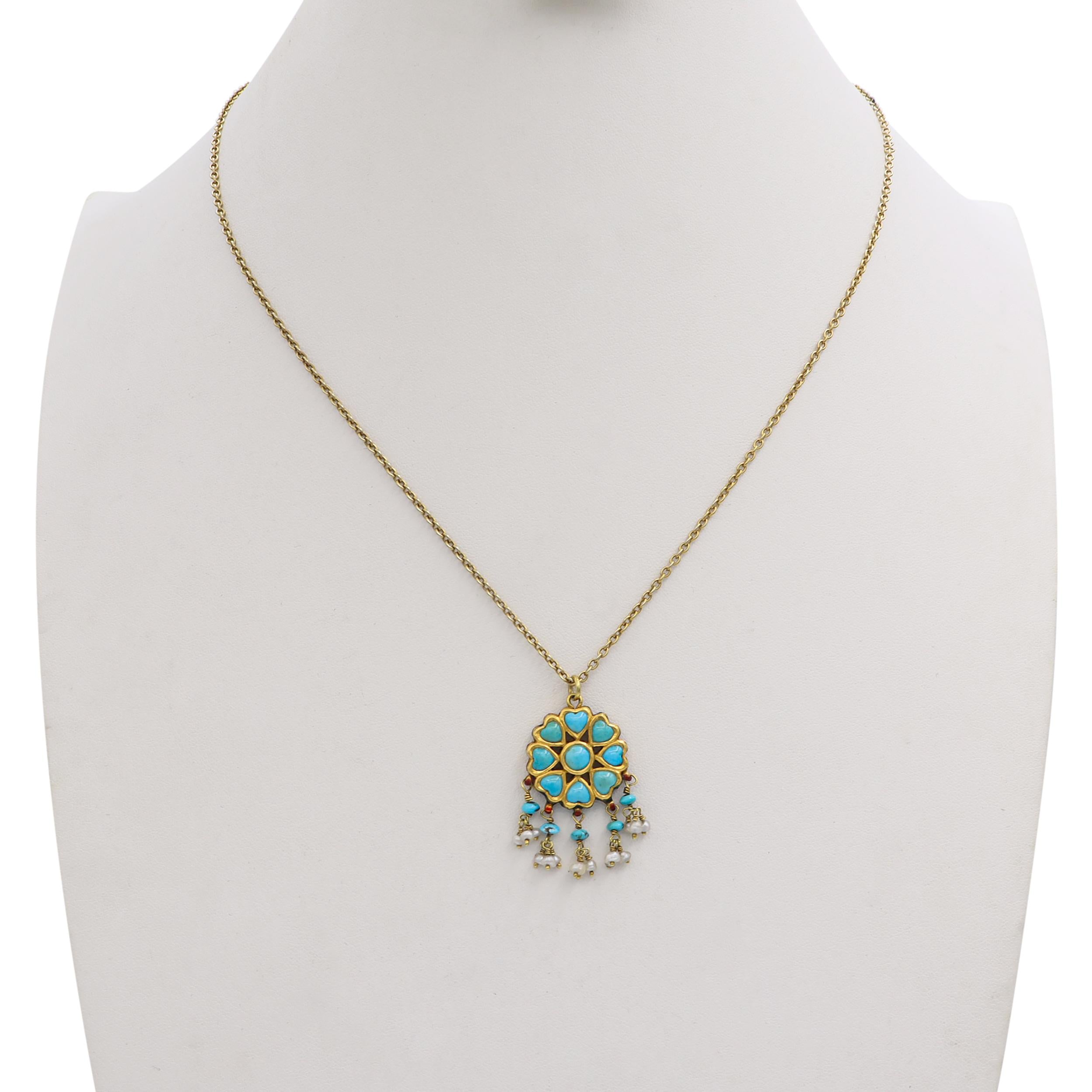 Antique Victorian Yellow Gold Enamel, Turquoise, and Pearl Necklace