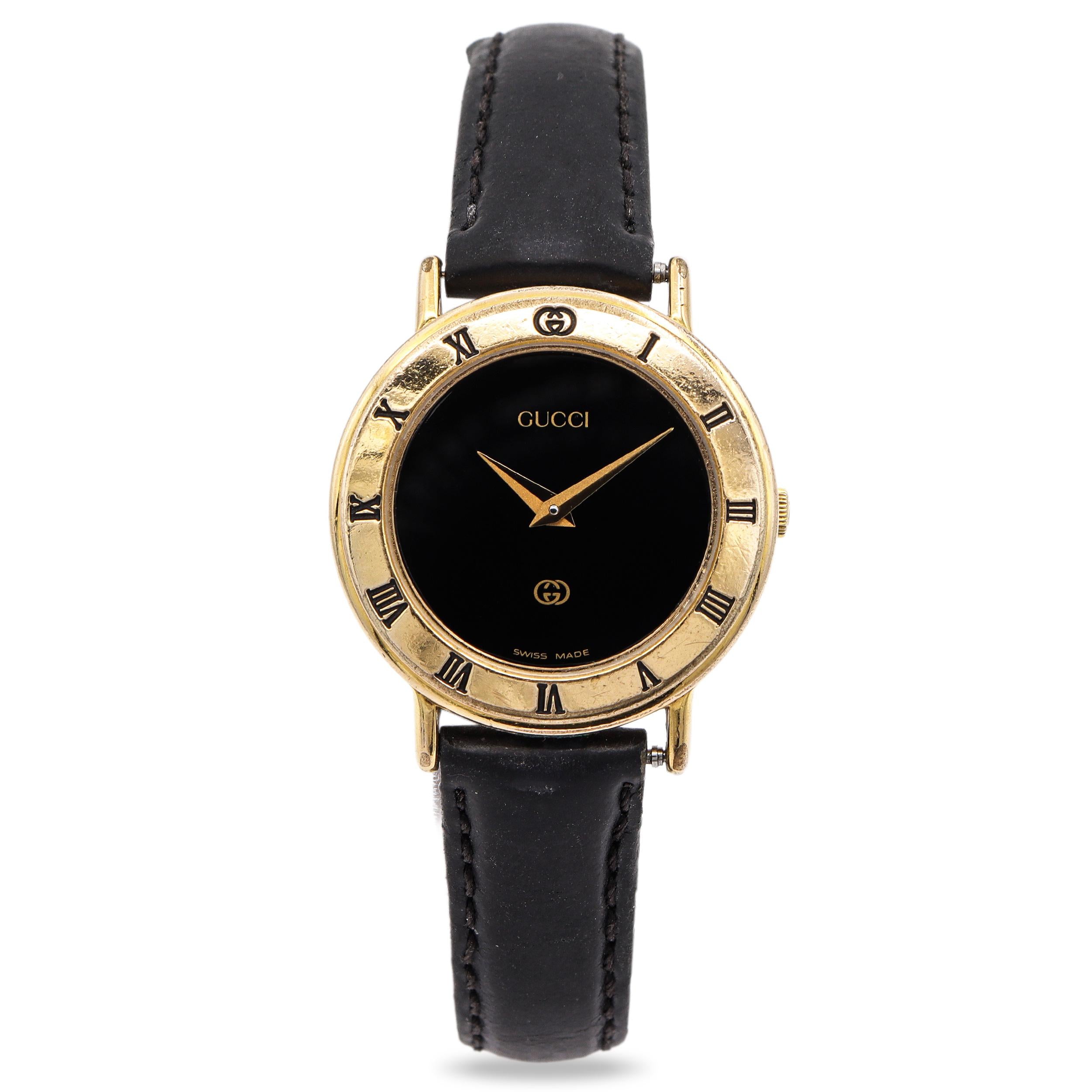 Gucci 3000L Gold Plated Black Dial Roman Numeral Quartz Women’s Watch