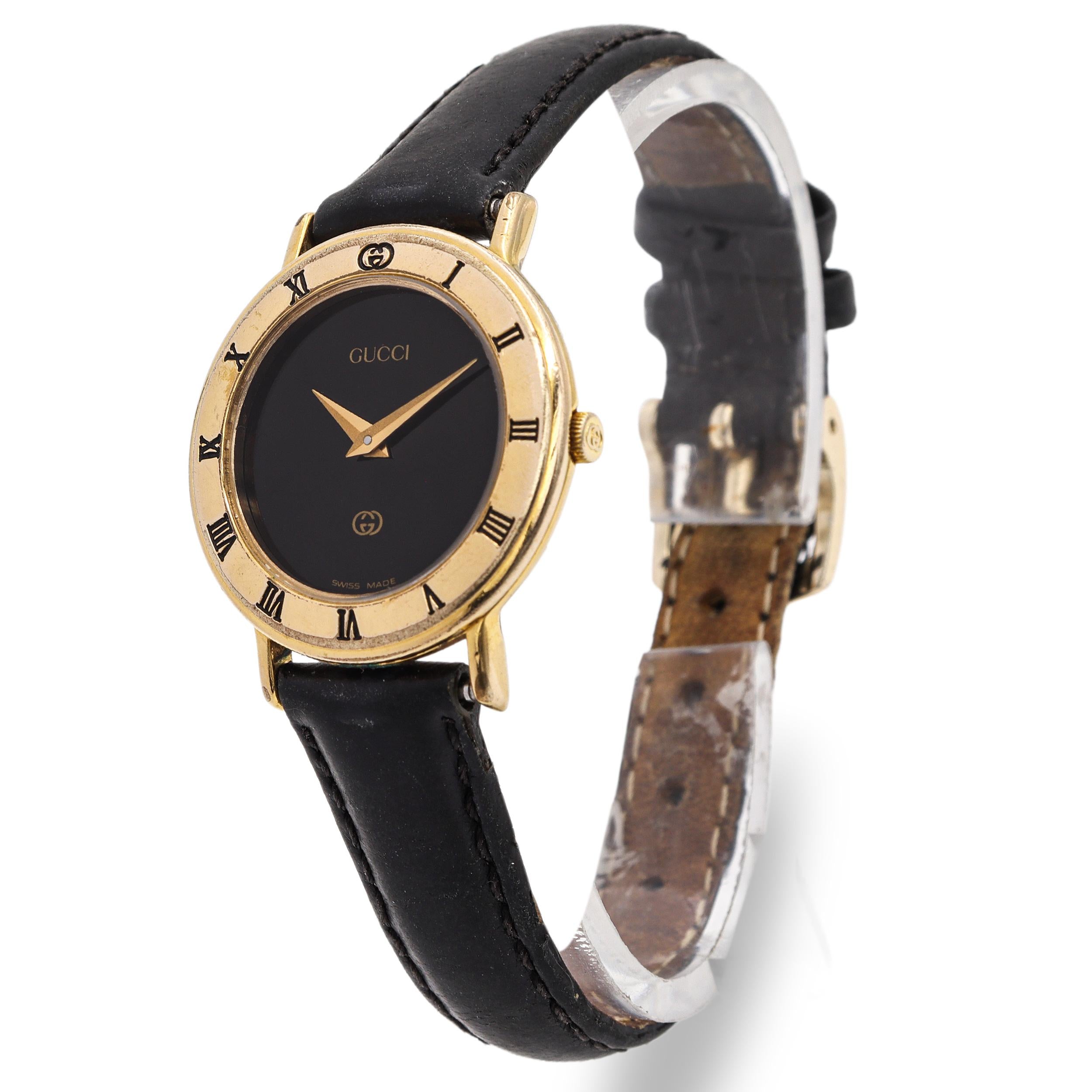 Gucci 3000L Gold Plated Black Dial Roman Numeral Quartz Women’s Watch