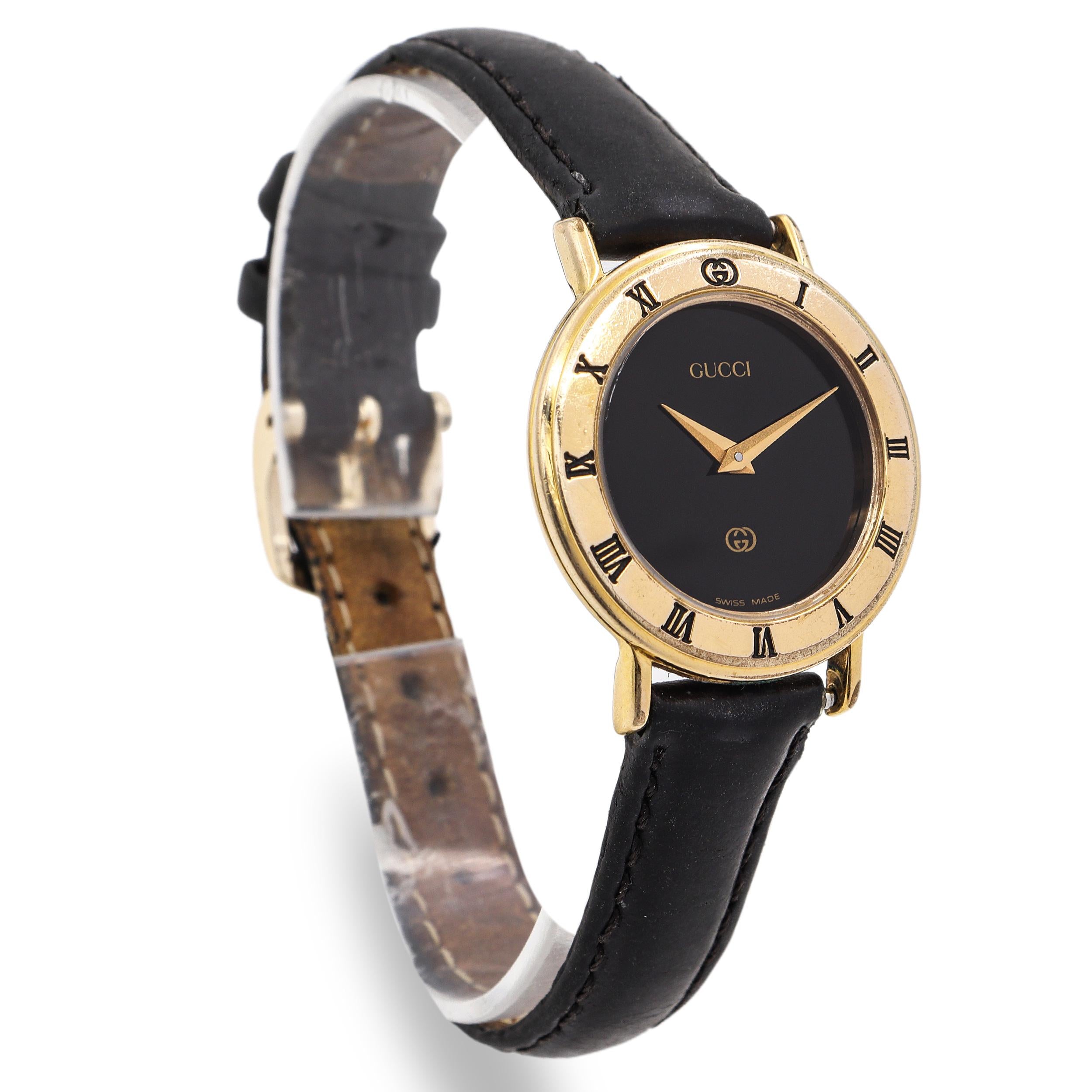 Gucci 3000L Gold Plated Black Dial Roman Numeral Quartz Women’s Watch