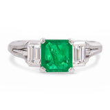 Vintage Platinum 0.90ct Emerald and Diamond Three Stone Ring