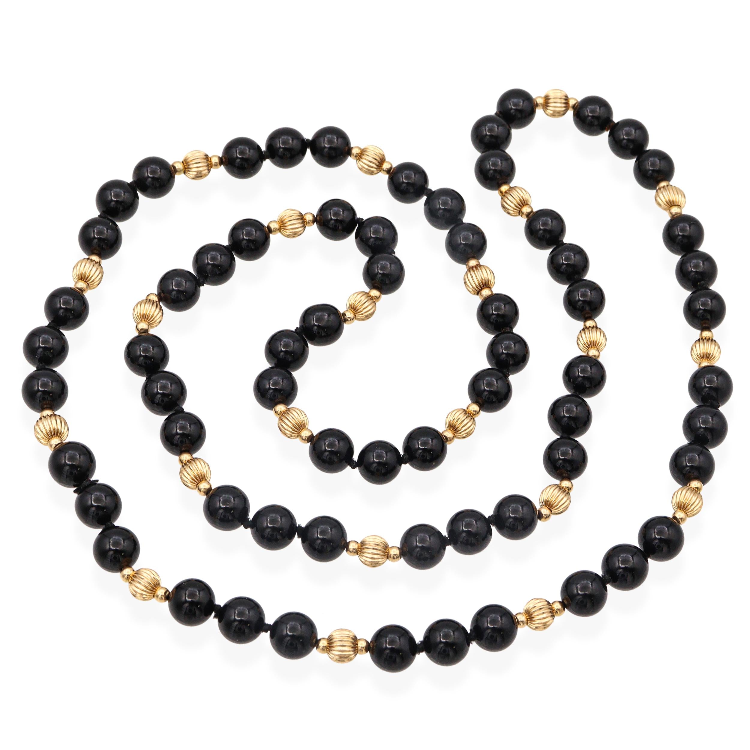 14k Yellow Gold Black Onyx Beaded Strand Necklace