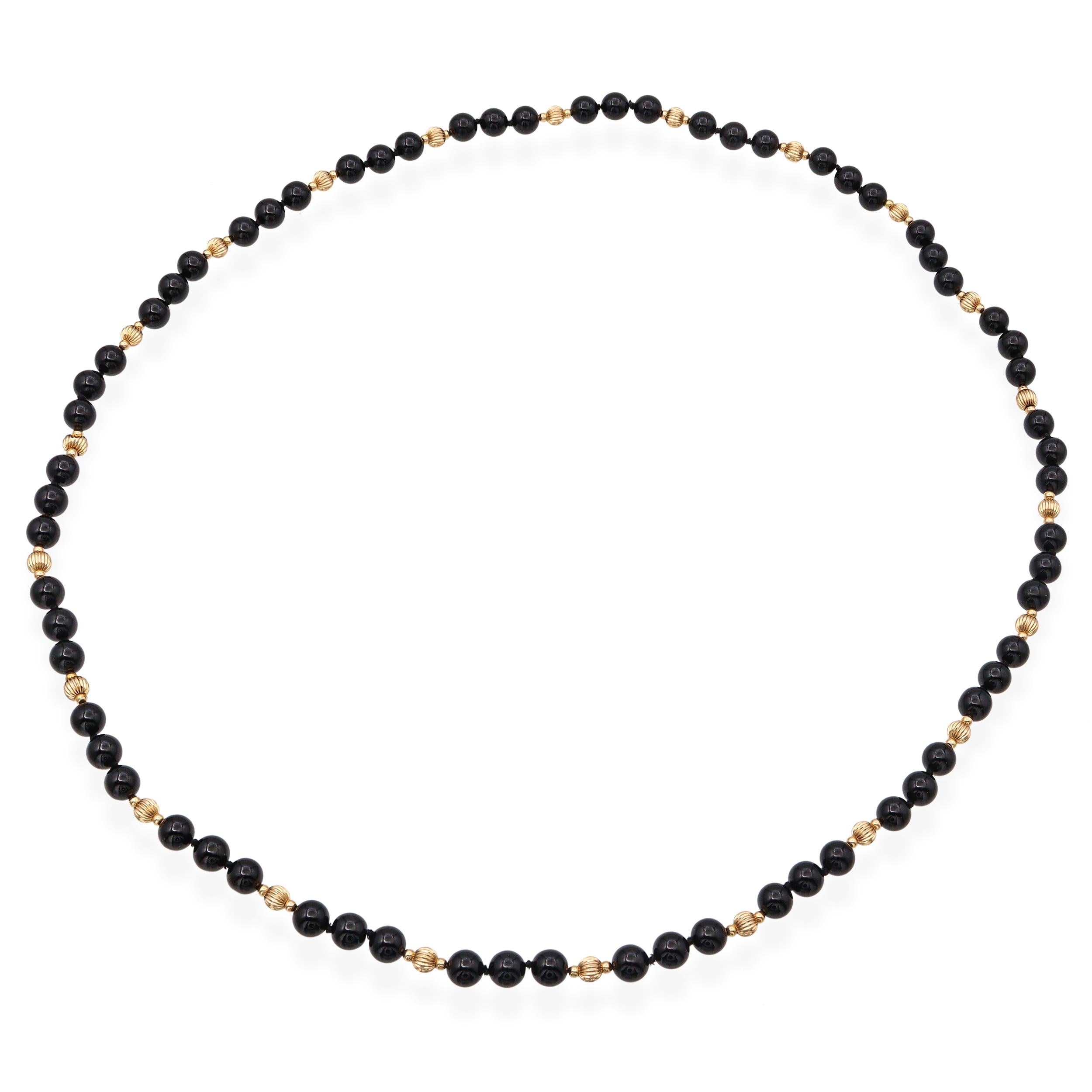 14k Yellow Gold Black Onyx Beaded Strand Necklace