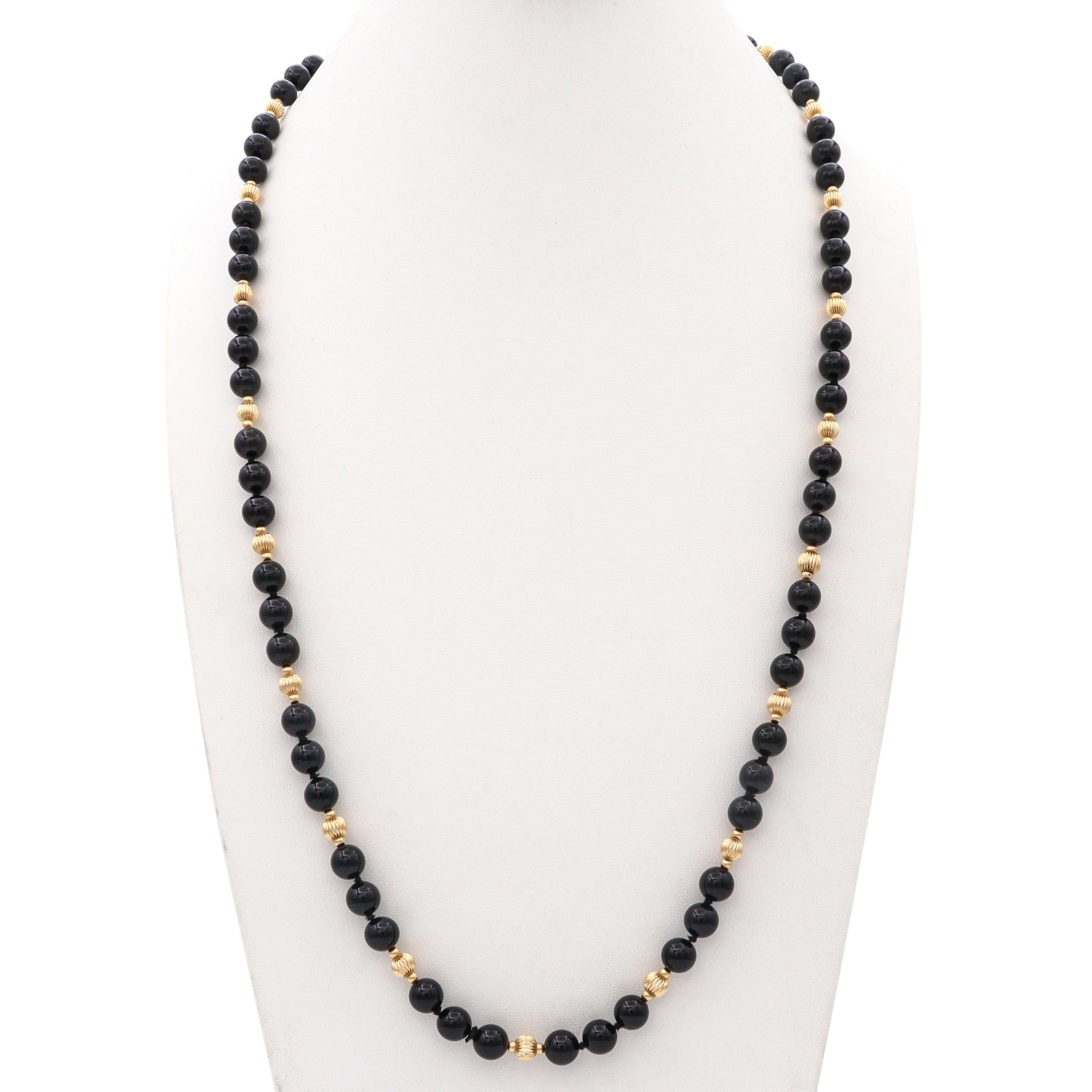 14k Yellow Gold Black Onyx Beaded Strand Necklace