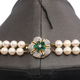Vintage 14k Yellow Gold Diamond and Emerald Beaded Double Pearl Strand Necklace