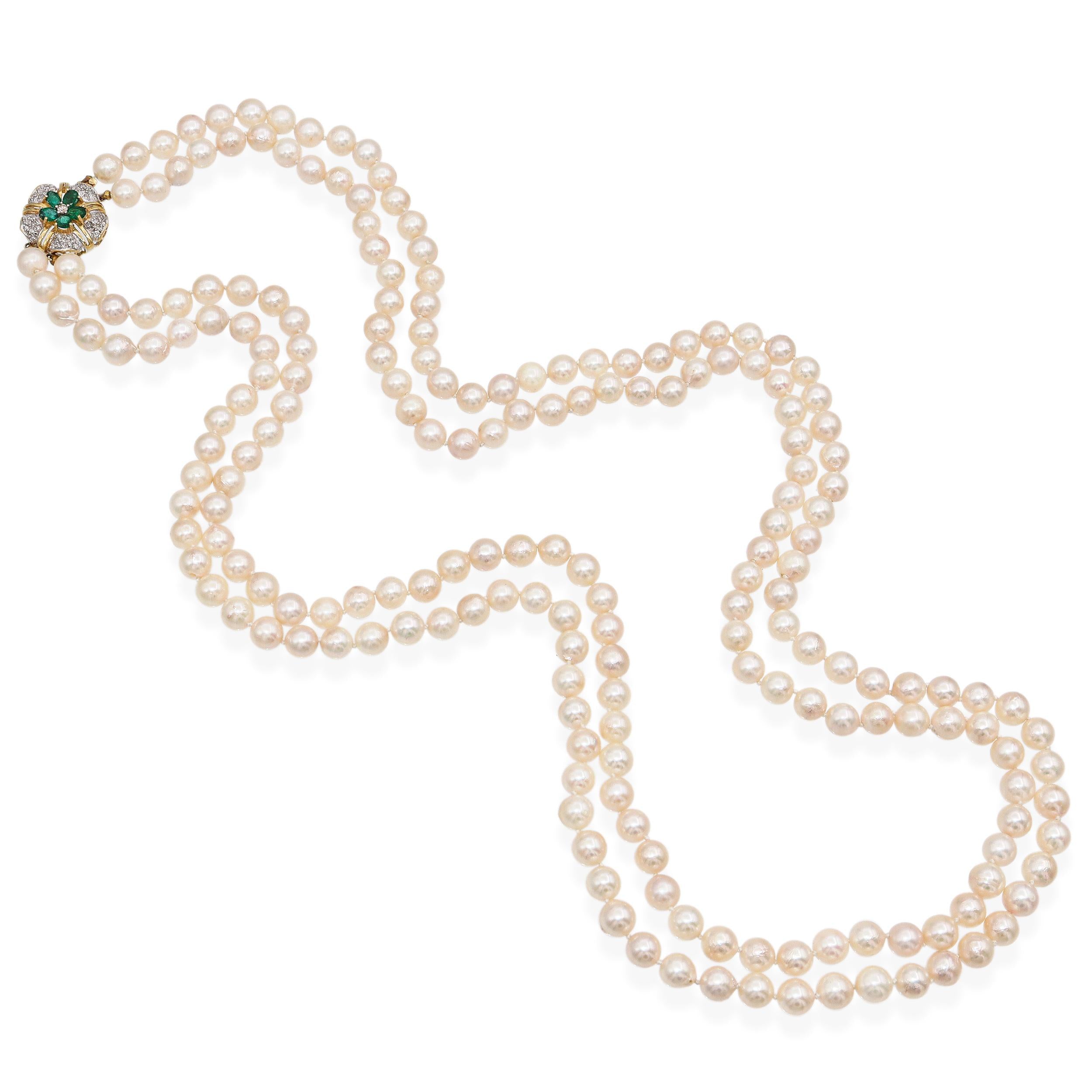 Vintage 14k Yellow Gold Diamond and Emerald Beaded Double Pearl Strand Necklace