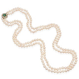 Vintage 14k Yellow Gold Diamond and Emerald Beaded Double Pearl Strand Necklace