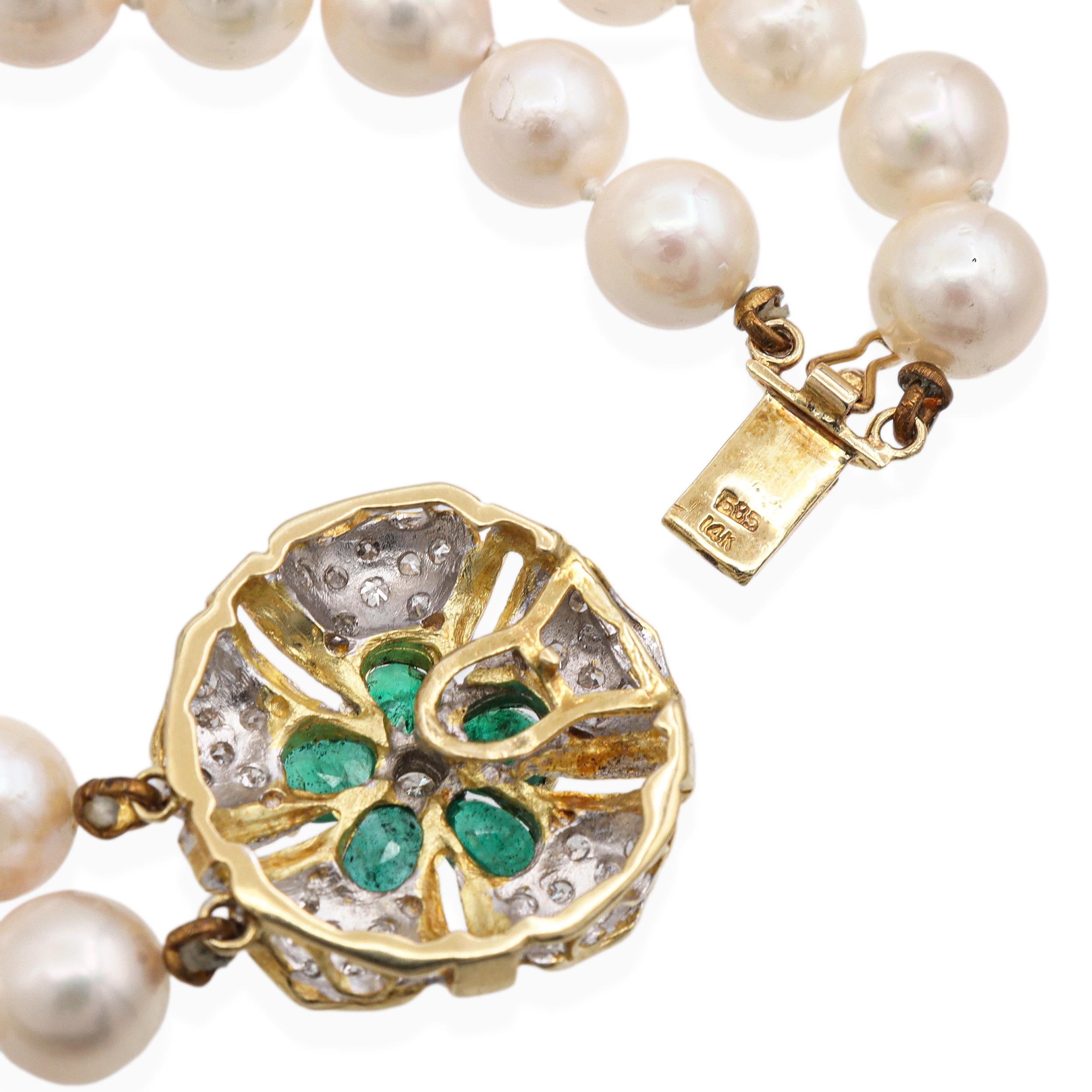 Vintage 14k Yellow Gold Diamond and Emerald Beaded Double Pearl Strand Necklace