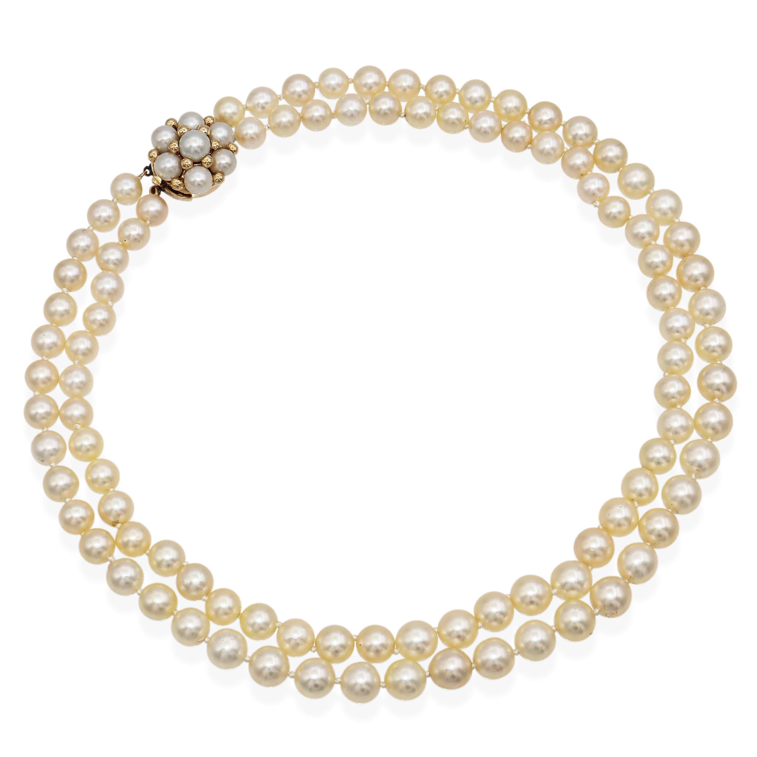 Vintage 14k Yellow Gold Double Pearl Strand Necklace