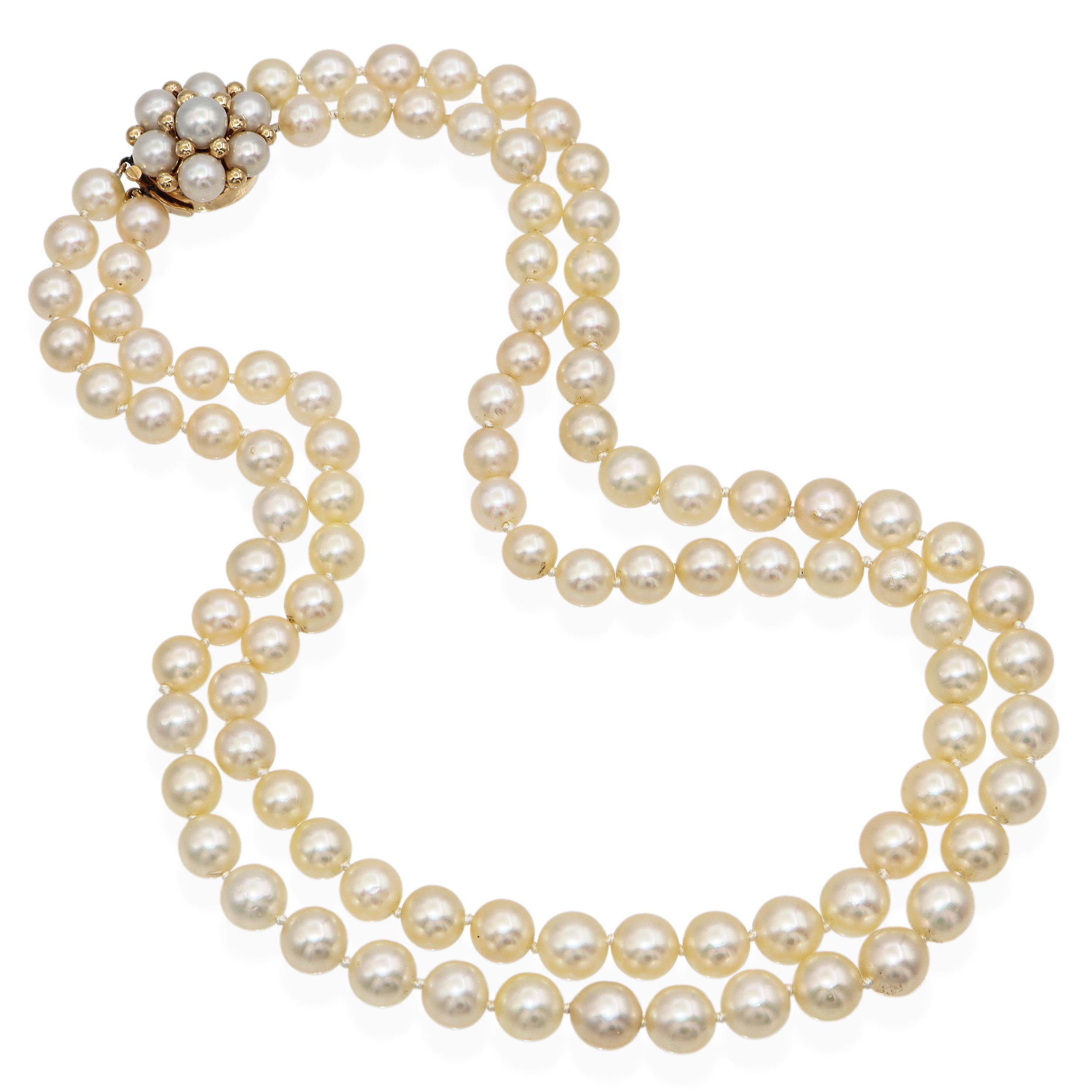 Vintage 14k Yellow Gold Double Pearl Strand Necklace
