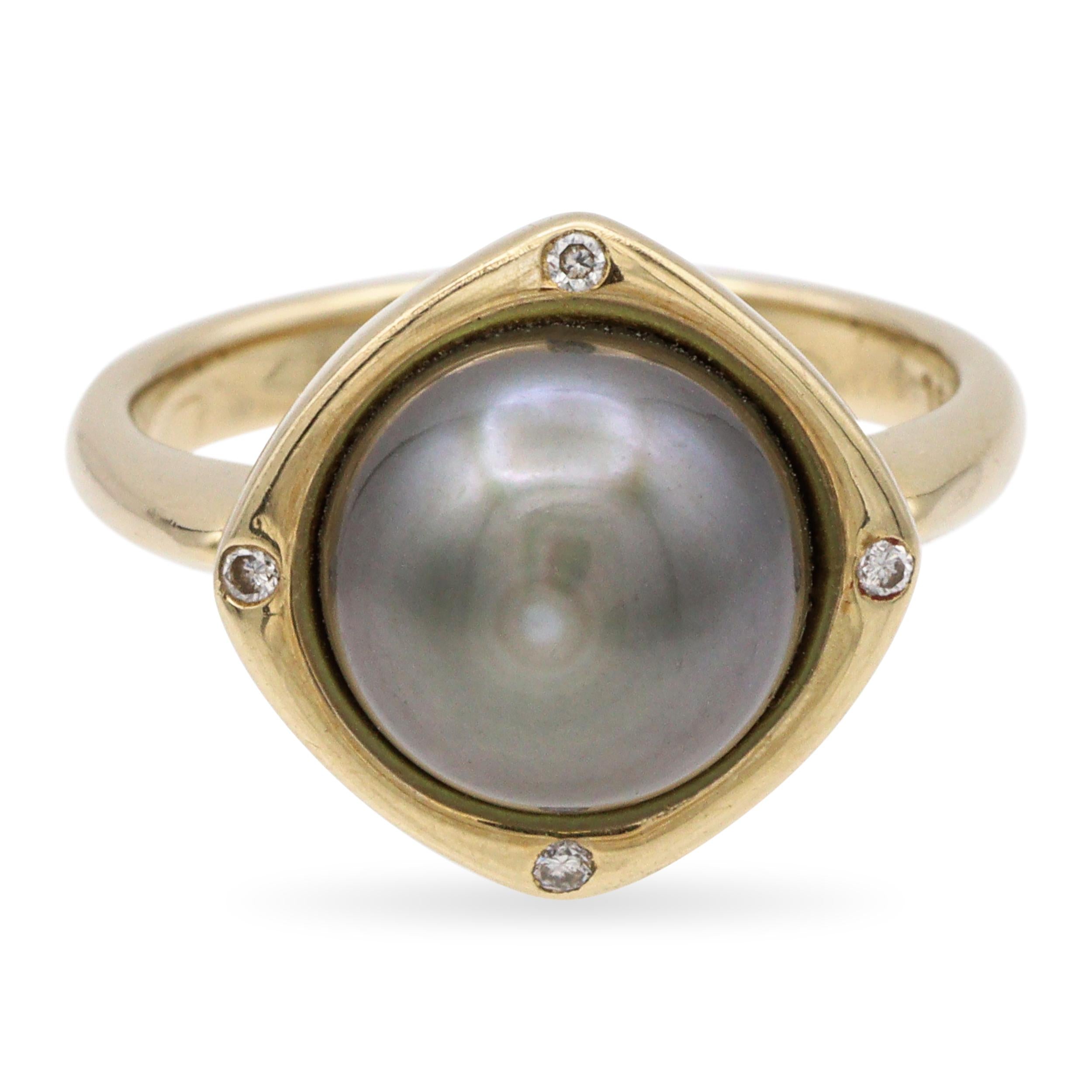 Vintage 14k Yellow Gold Tahitian Pearl and Diamond Ring