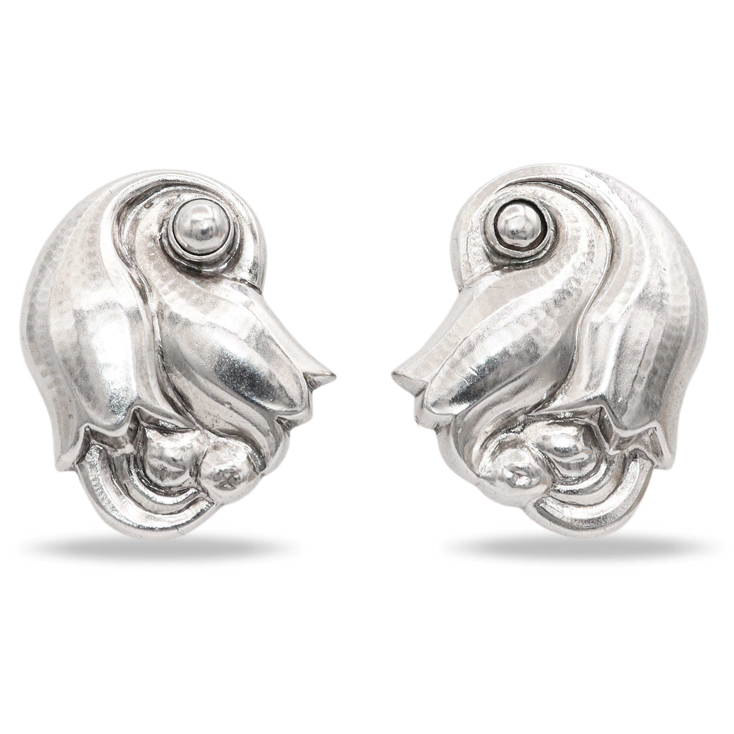Vintage Georg Jensen Hammered Tulip 100 Denmark Sterling Silver Clip On Earrings