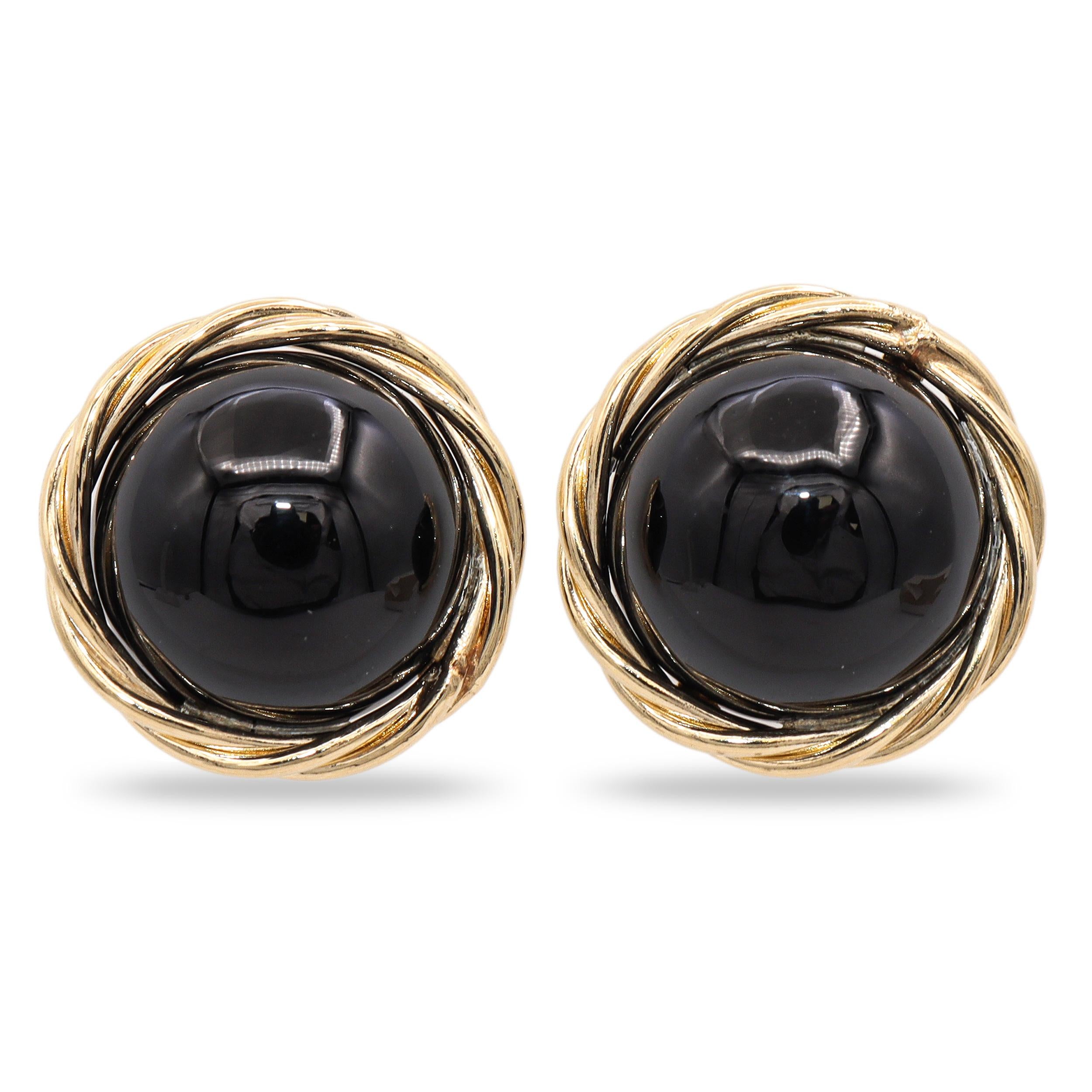 Vintage 14k Yellow Gold Onyx Cabochon Stud Earrings