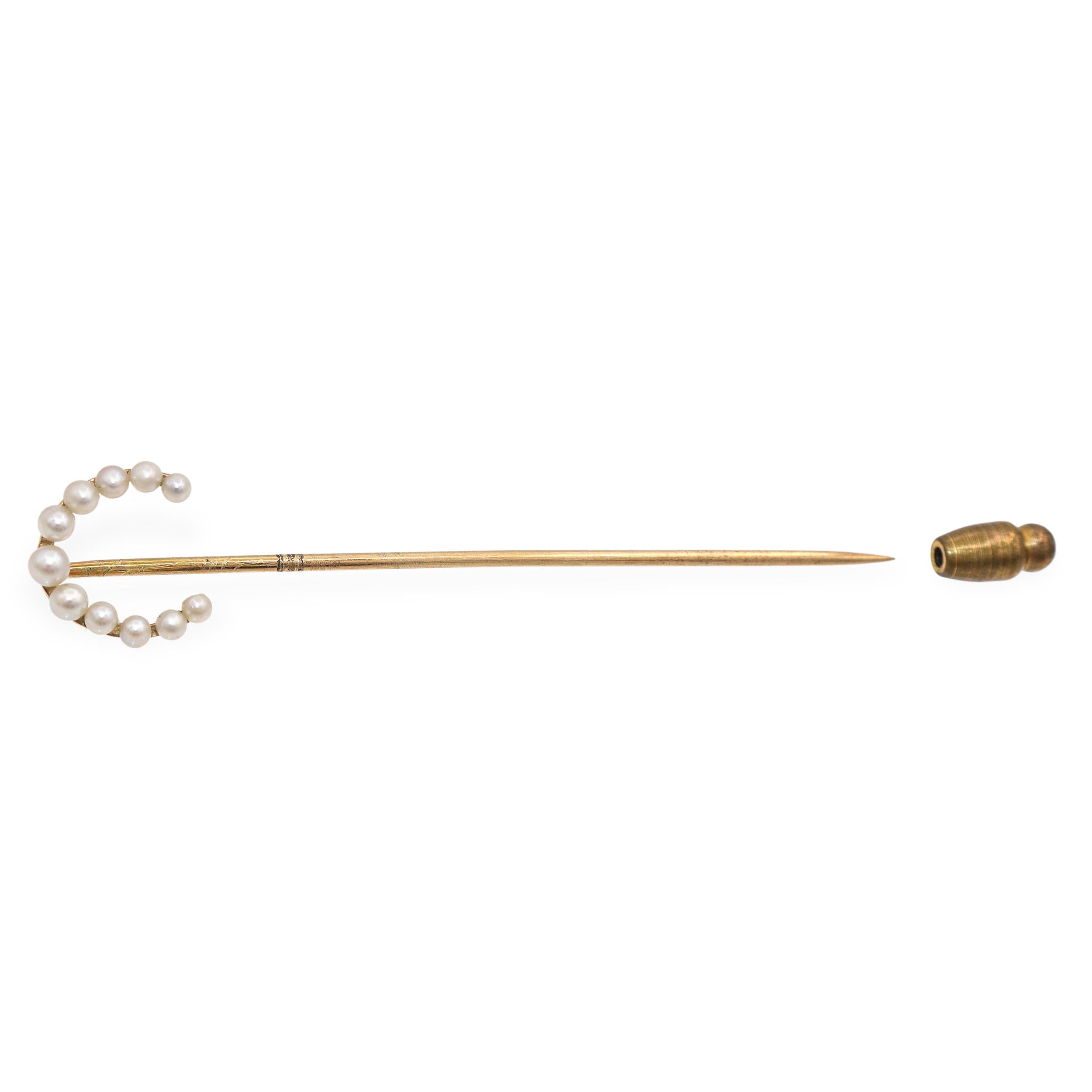 Vintage 14k Yellow Gold Pearl Horseshoe Stick Pin