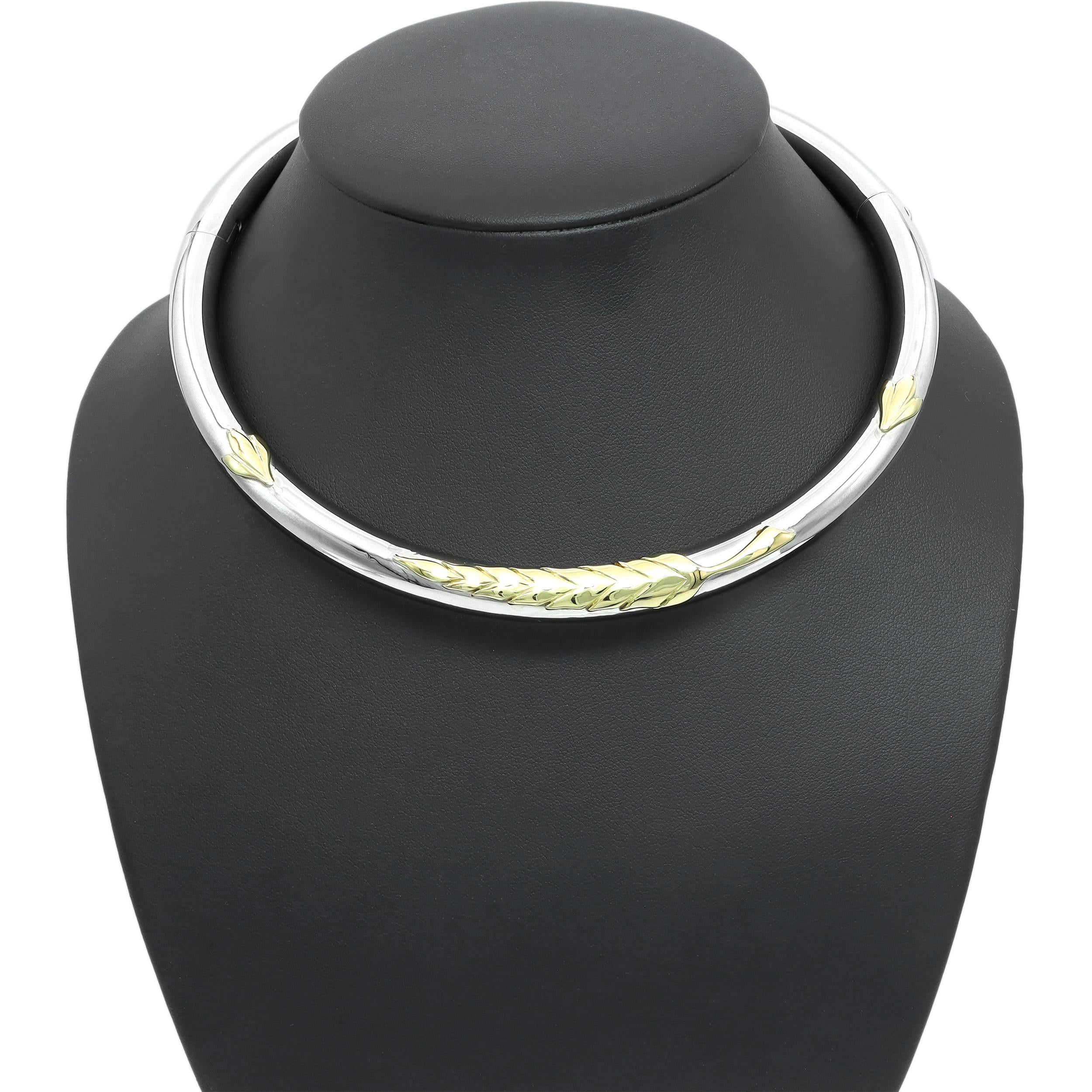 Sterling Silver Two-Tone Leaf Motif Hinged Collar Necklace